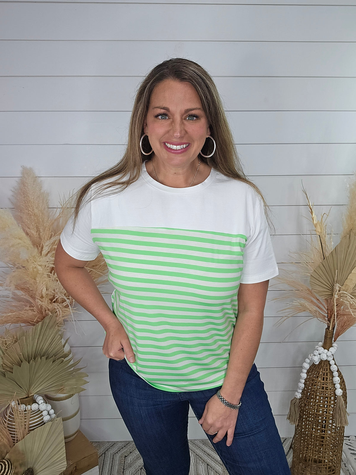 LIME GREEN/IVORY STRIPED COLORBLOCK TOP