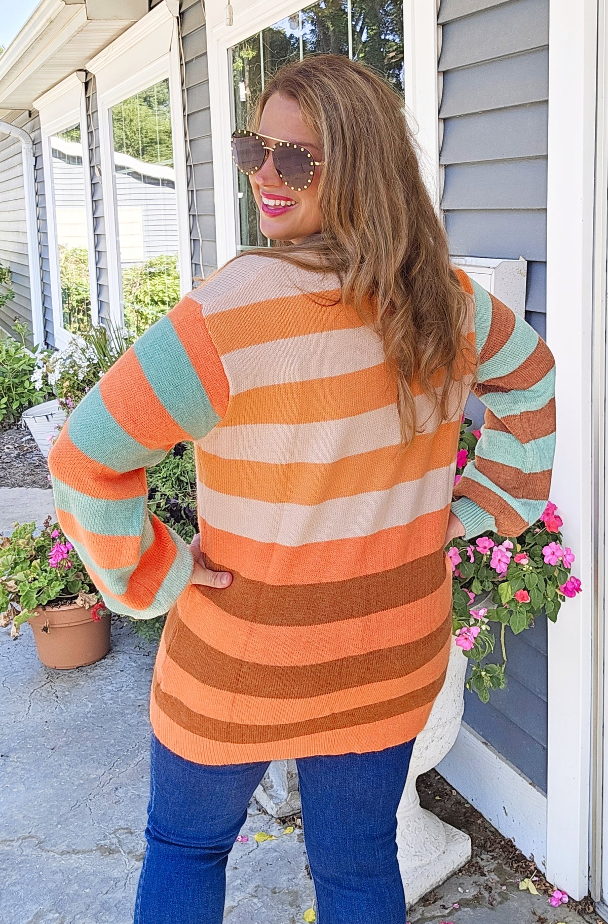 ORANGE/TEAL COLORBLOCK KNIT HIGH NECK SWEATER