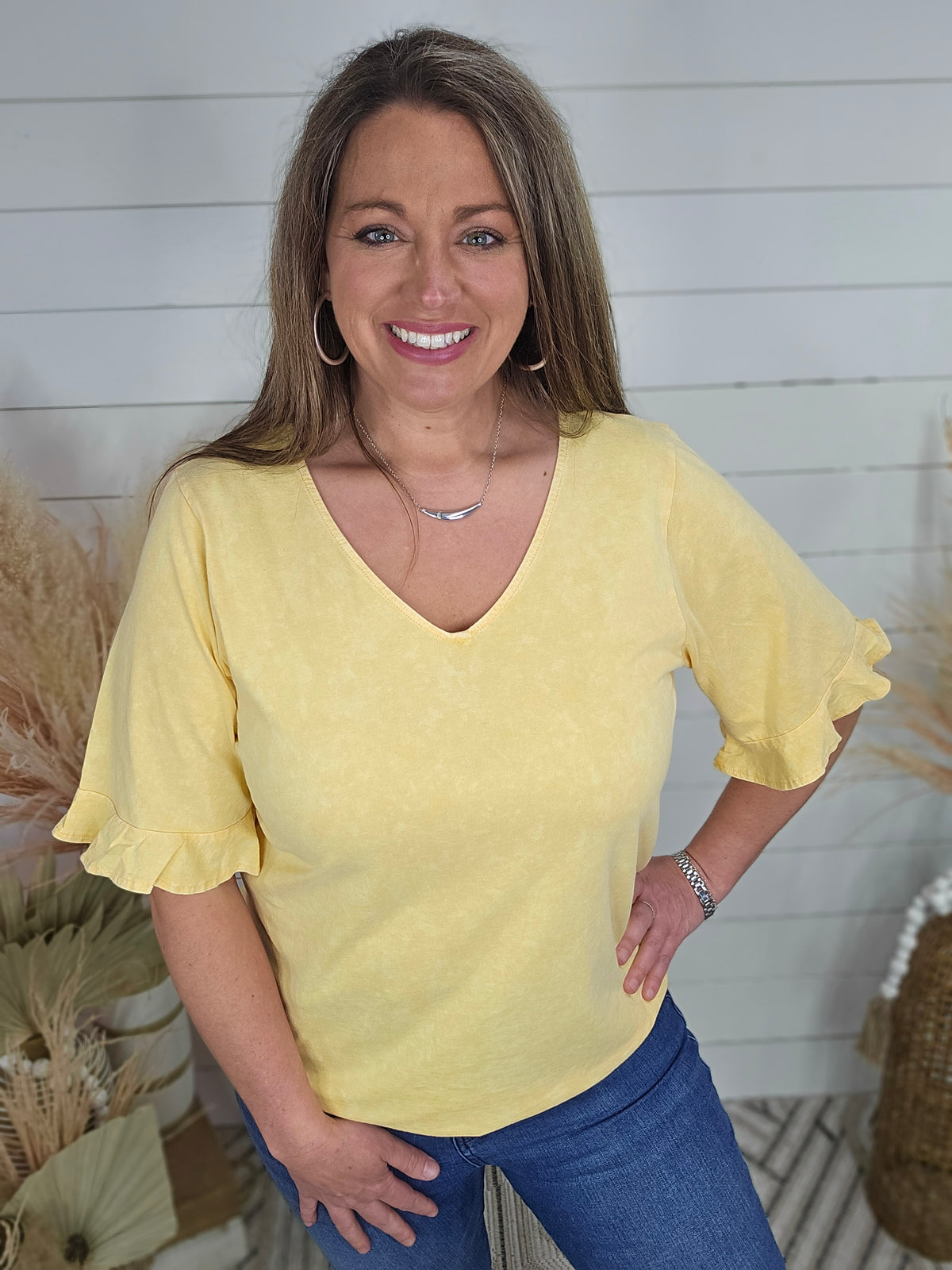 APRICOT MINERAL WASHED V NECK RUFFLED SLEEVE TOP