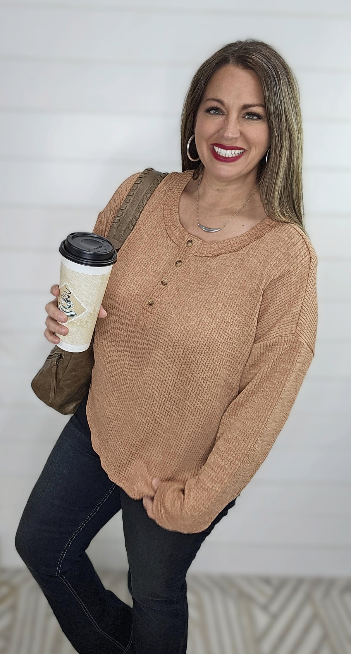 TERRA COTTA TEXTURED HENLEY LONG SLEEVE TOP