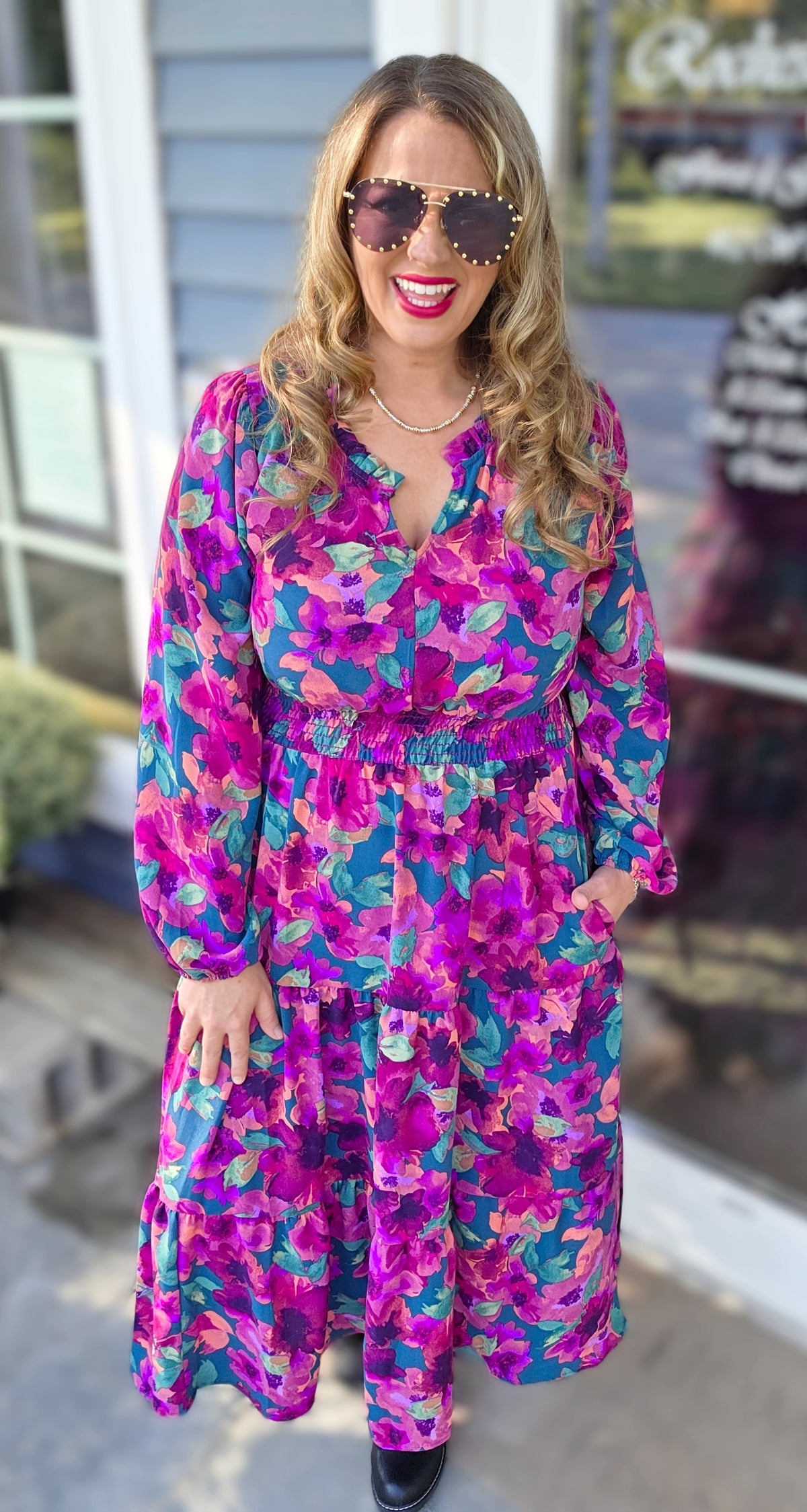 HUNTER GREEN/MAGENTA FLORAL ELASTIC WAIST DRESS