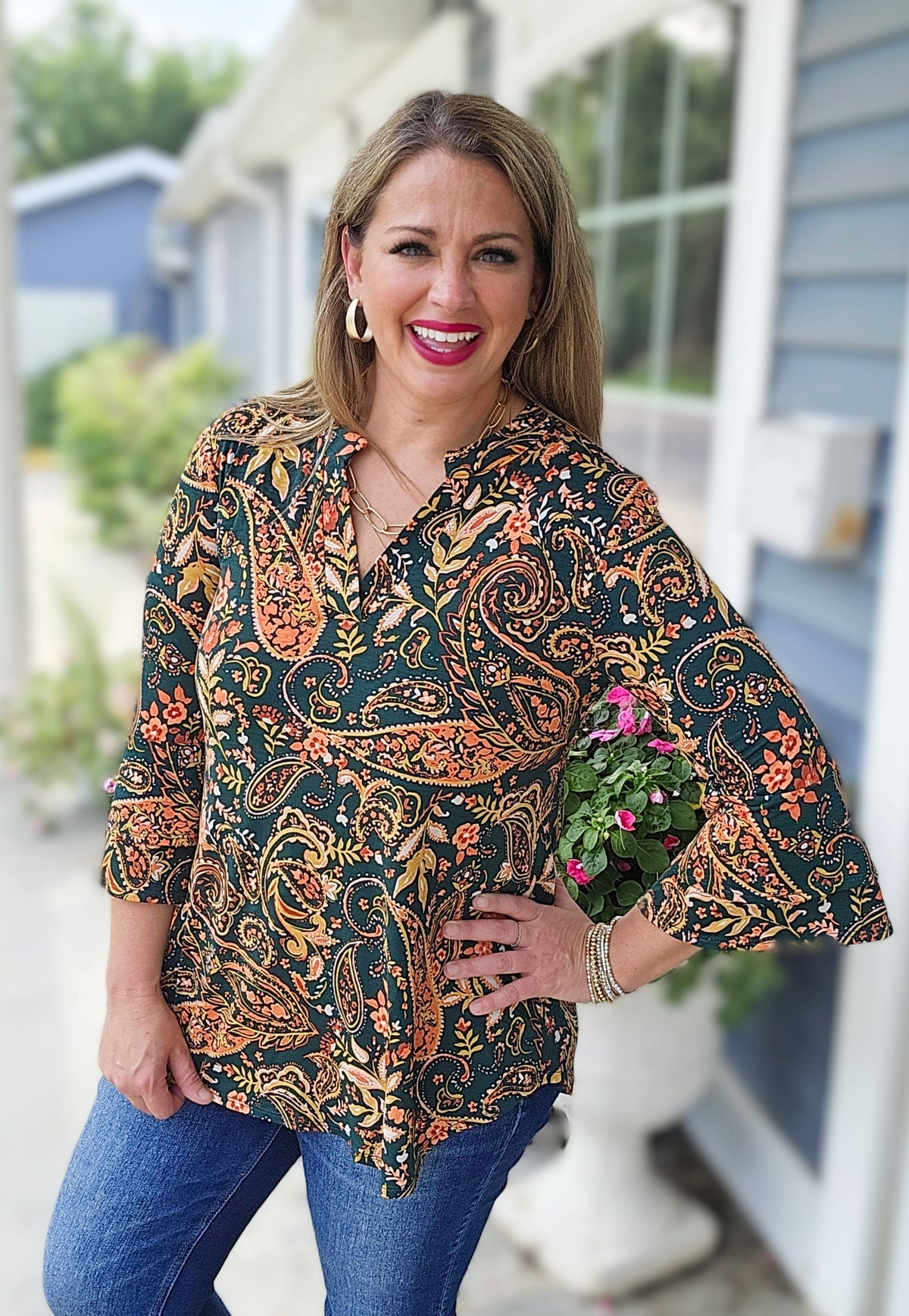 DEAR SCARLETT HUNTER GREEN/ORANGE PAISLEY DOUBLE BELL LIZZY