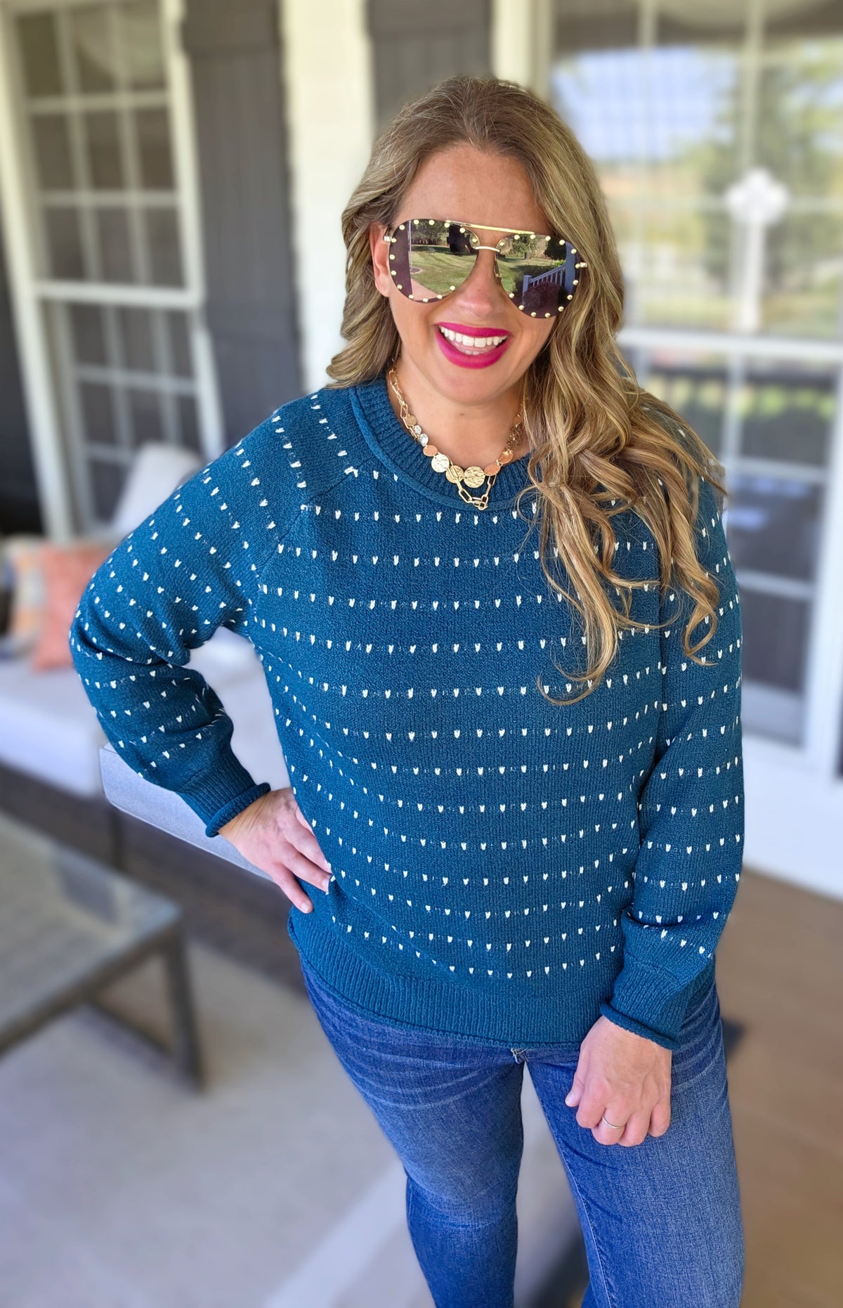TEAL DOT KNIT PULL OVER KNIT SWEATER