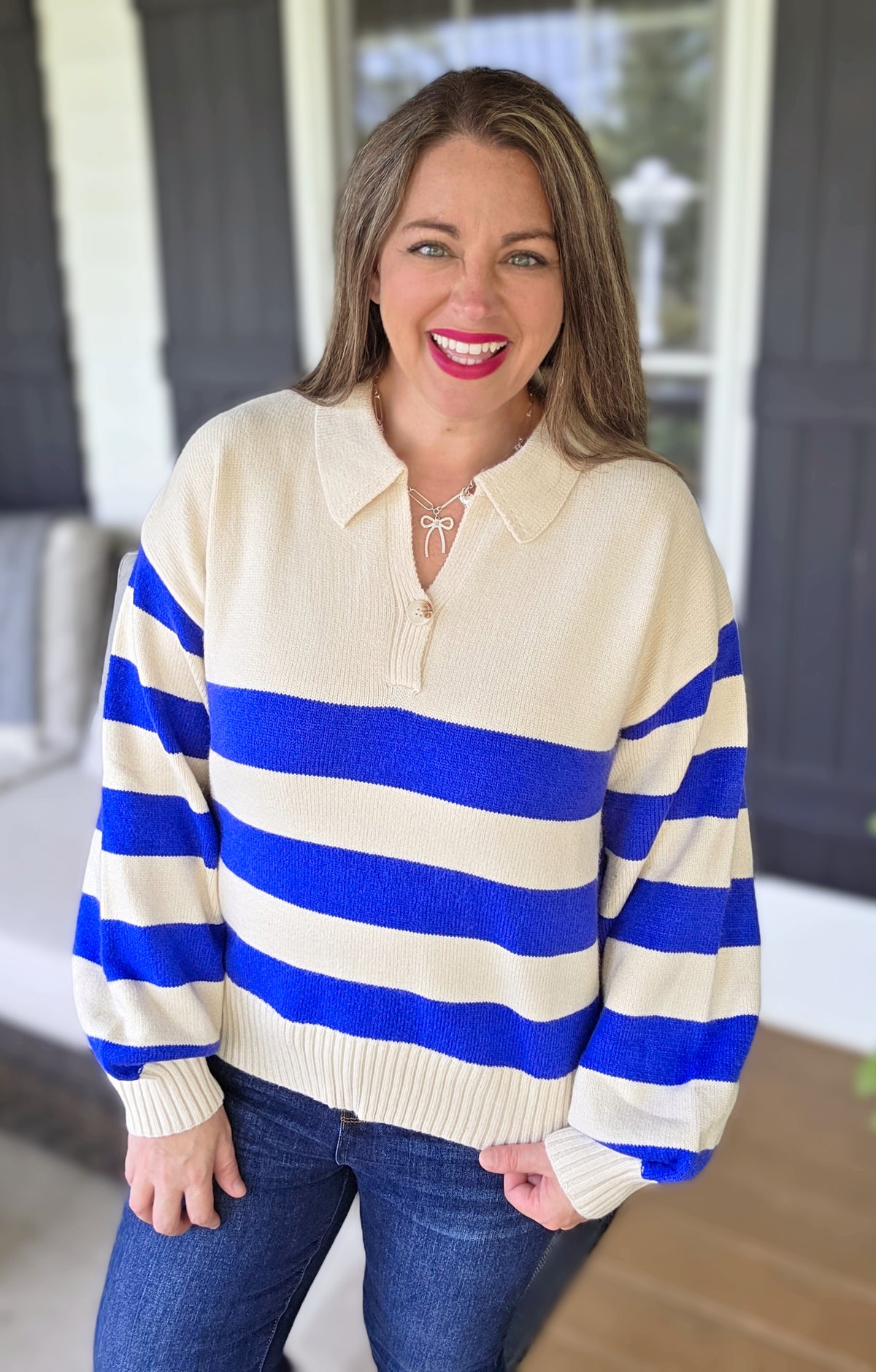 COLBALT STRIPED V NECK BUTTON TRIM SWEATER
