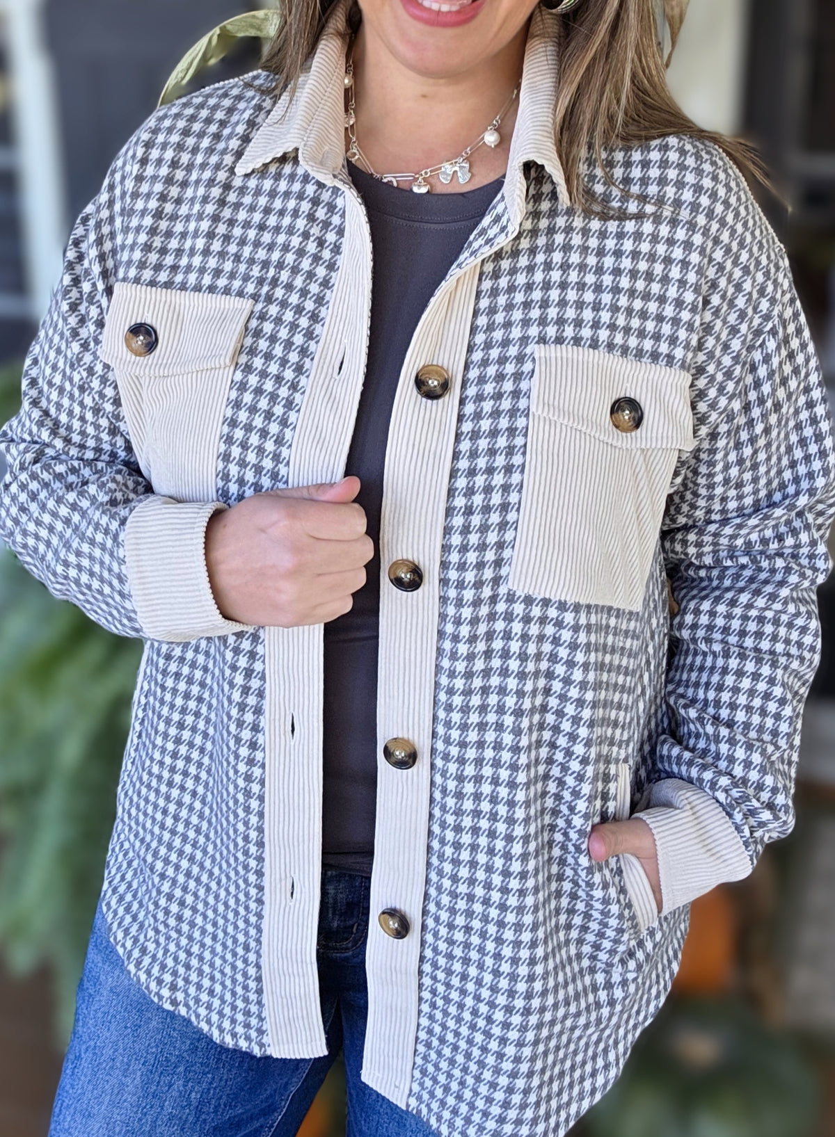 GREY MINI CHECK/CORD CONTRAST SHACKET WITH SIDE POCKETS