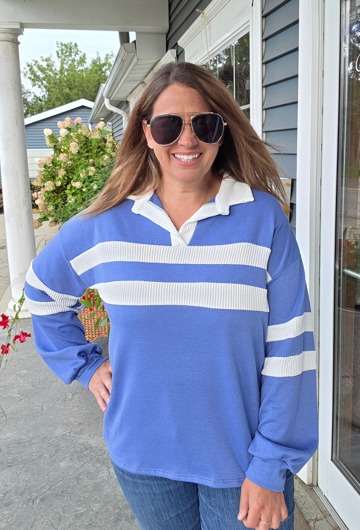 SLATE BLUE FRENCH TERRY RAISED RIBBED CONTRAST KNIT TOP