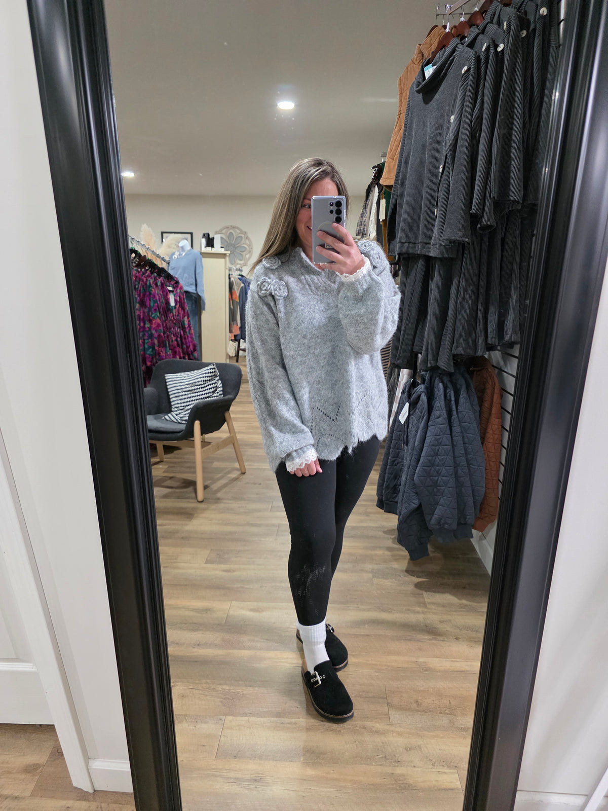 POL HEATHER GREY FLORAL TRIM SWEATER WITH SCALLOPS AND LACE TRIM