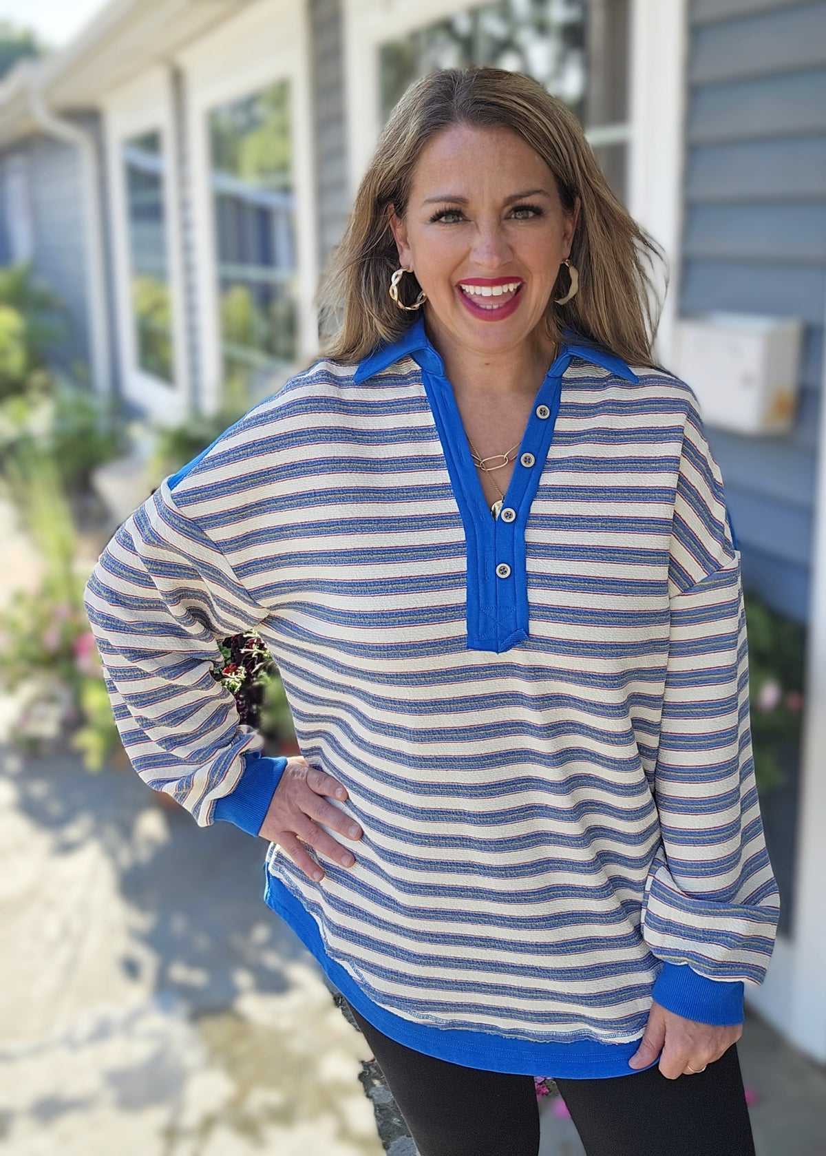 BLUE STRIPED V NECK COLLARED TOP