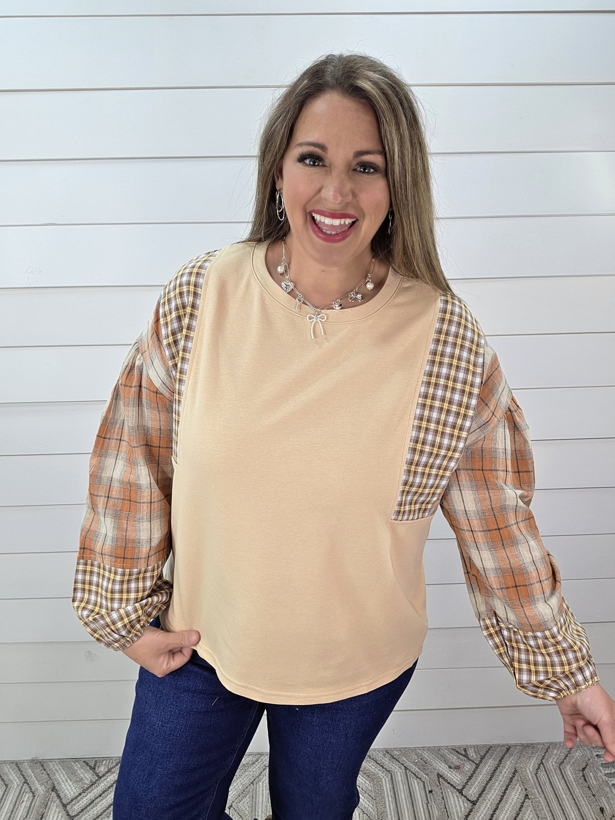OATMEAL/RUST PLAID CONTRAST FRENCH TERRY TOP
