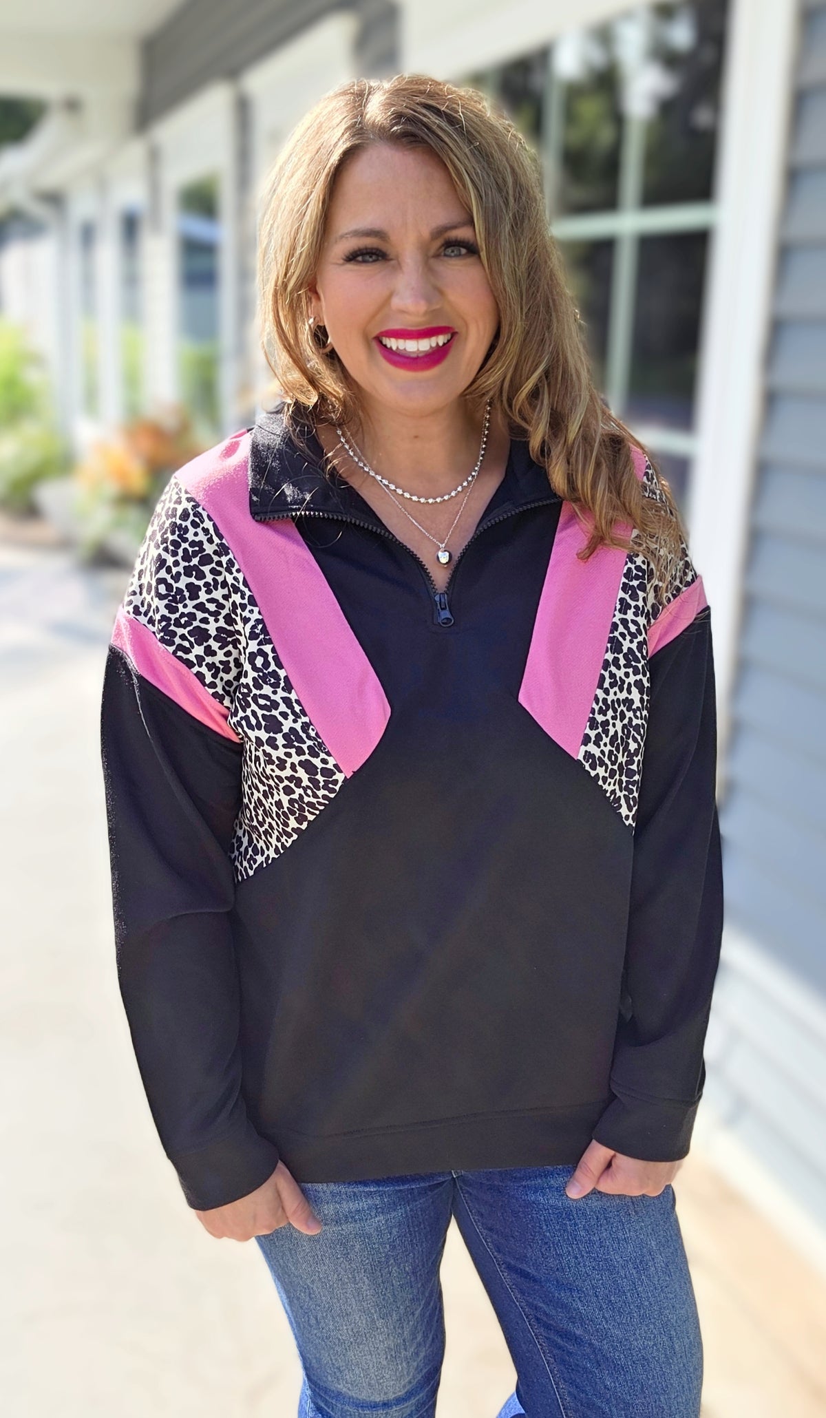 BLACK/PINK/LEOPARD COLORBLOCK FRENCH TERRY QUARTER ZIP PULLOVER