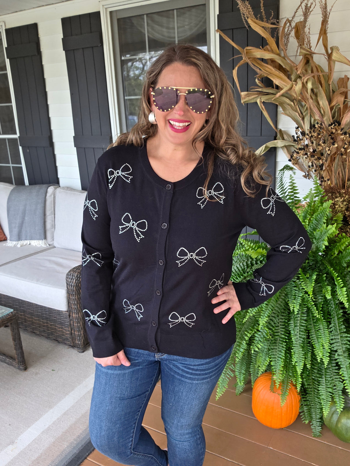 BLACK BOW RHINESTONE BUTTON SWEATER