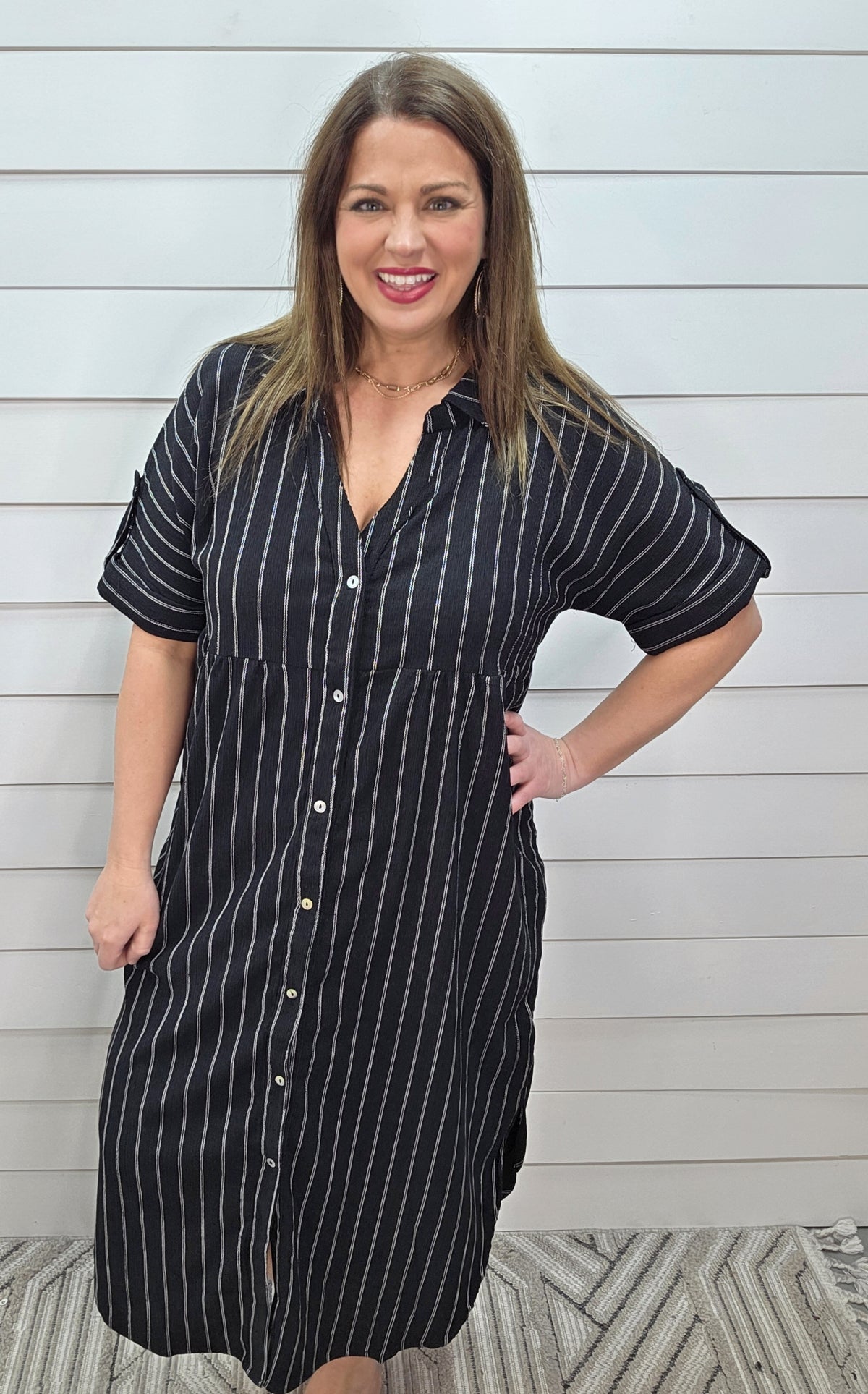 BLACK PIN STRIPE BUTTON DOWN SHIFT DRESS