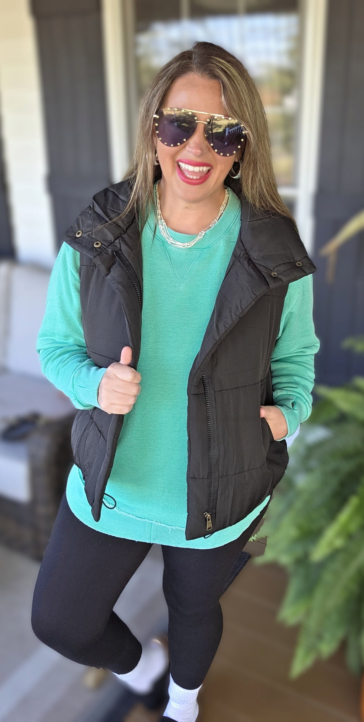 TEAL GREEN CURVED HEM PULLOVER W/ POCKETS