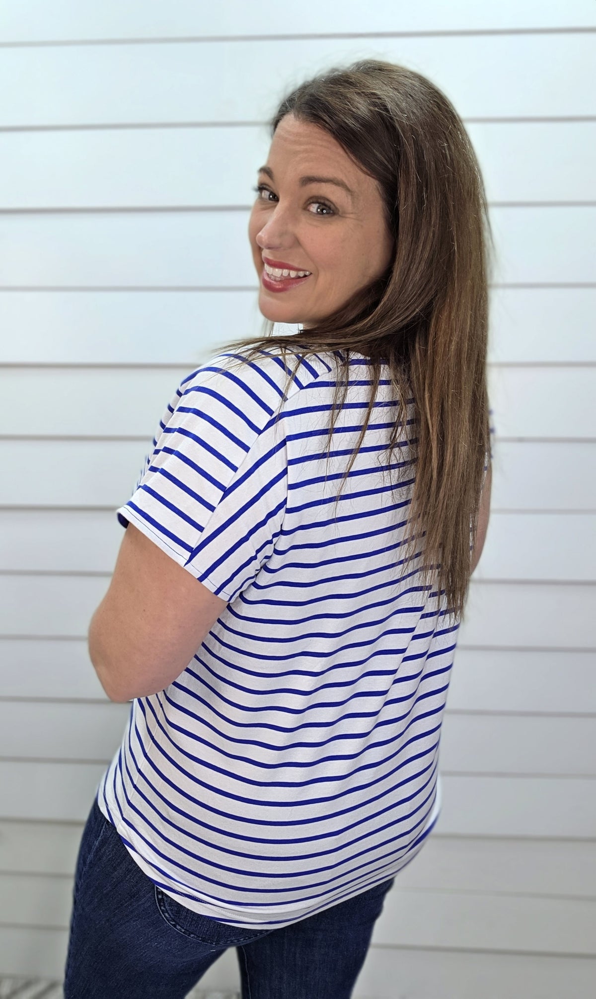 BLUE/WHITE STRIPED BOAT NECK KNIT TOP