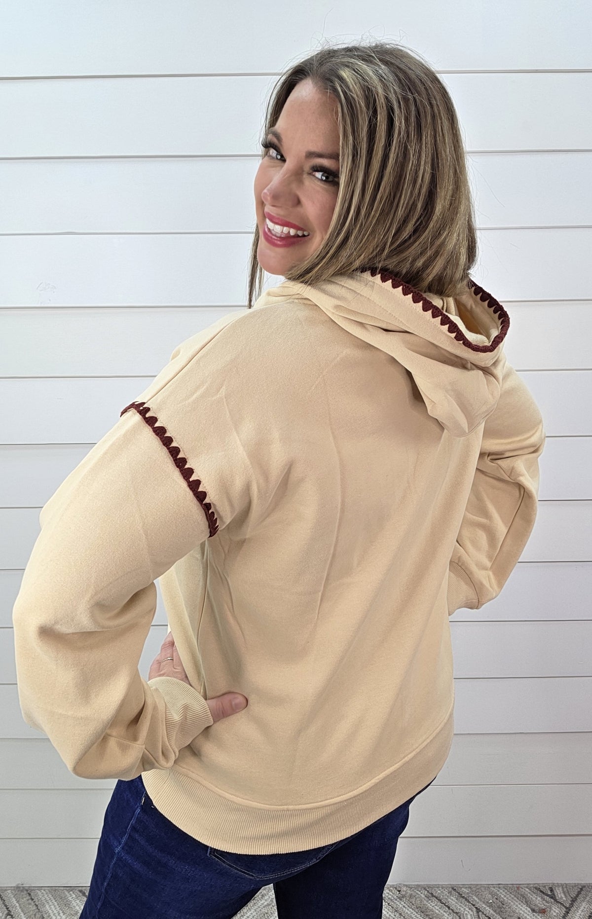 BEIGE/WINE STITCHED HOODIE