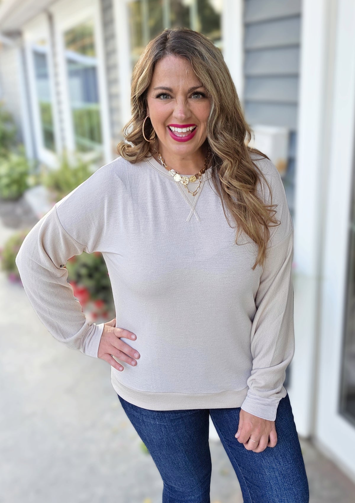 BEIGE FABRIC CONTRAST KNIT TOP