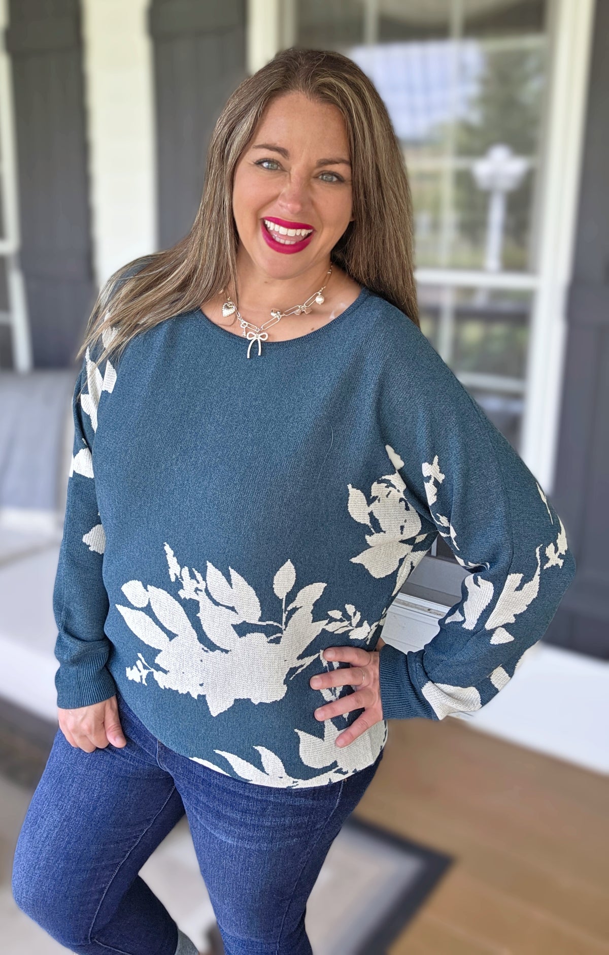 TEAL FLORAL JACQUARD DOLMAN KNIT SWEATER