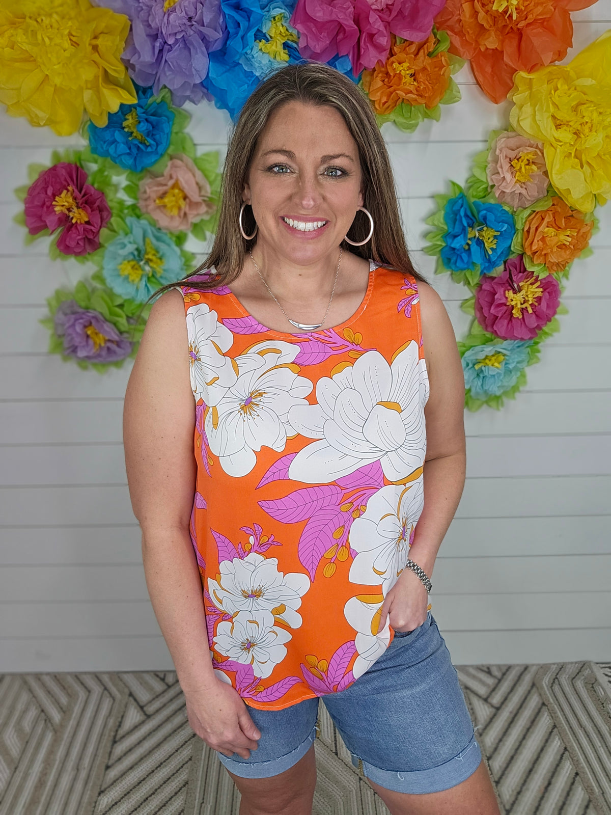 ORANGE FLORAL SLEEVELESS WOVEN TANK