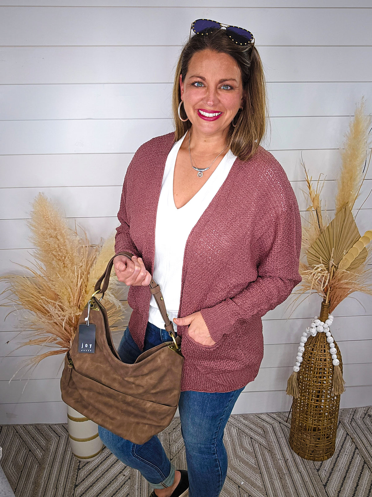 BERRY OPEN FRONT CARDIGAN W/ DROP SHOULDER AND FRONT POCKETS