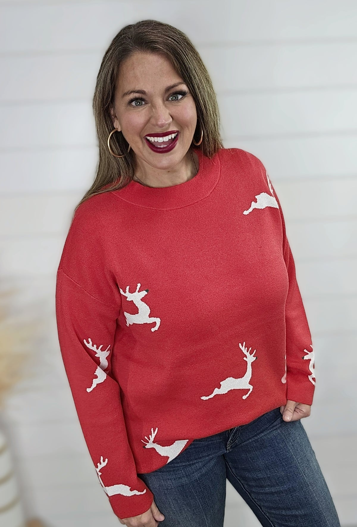 RED MOCK NECK REINDEER SWEATER