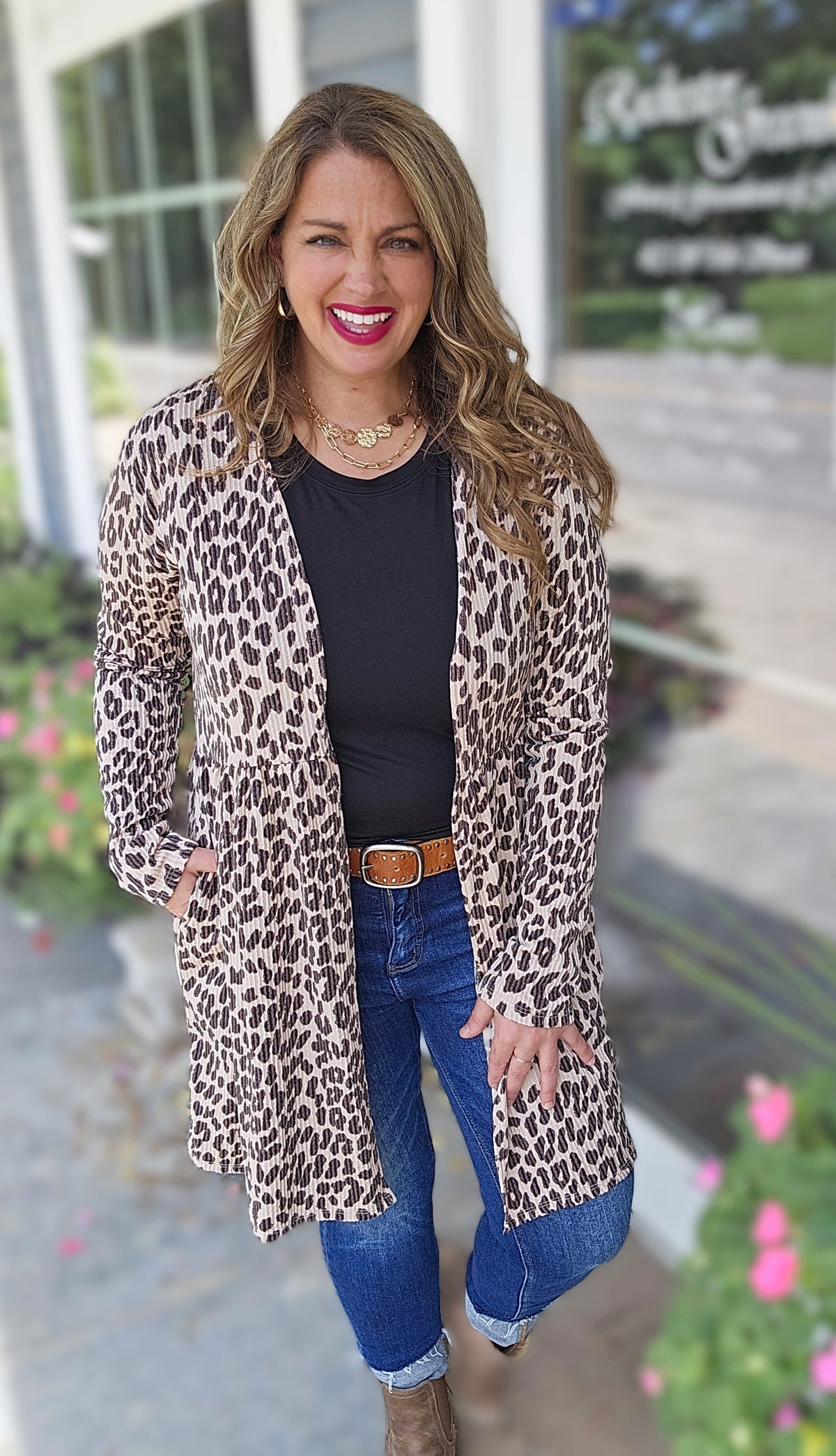 TAUPE ANIMAL RASIED RIBBED MID LENGTH CARDIGAN