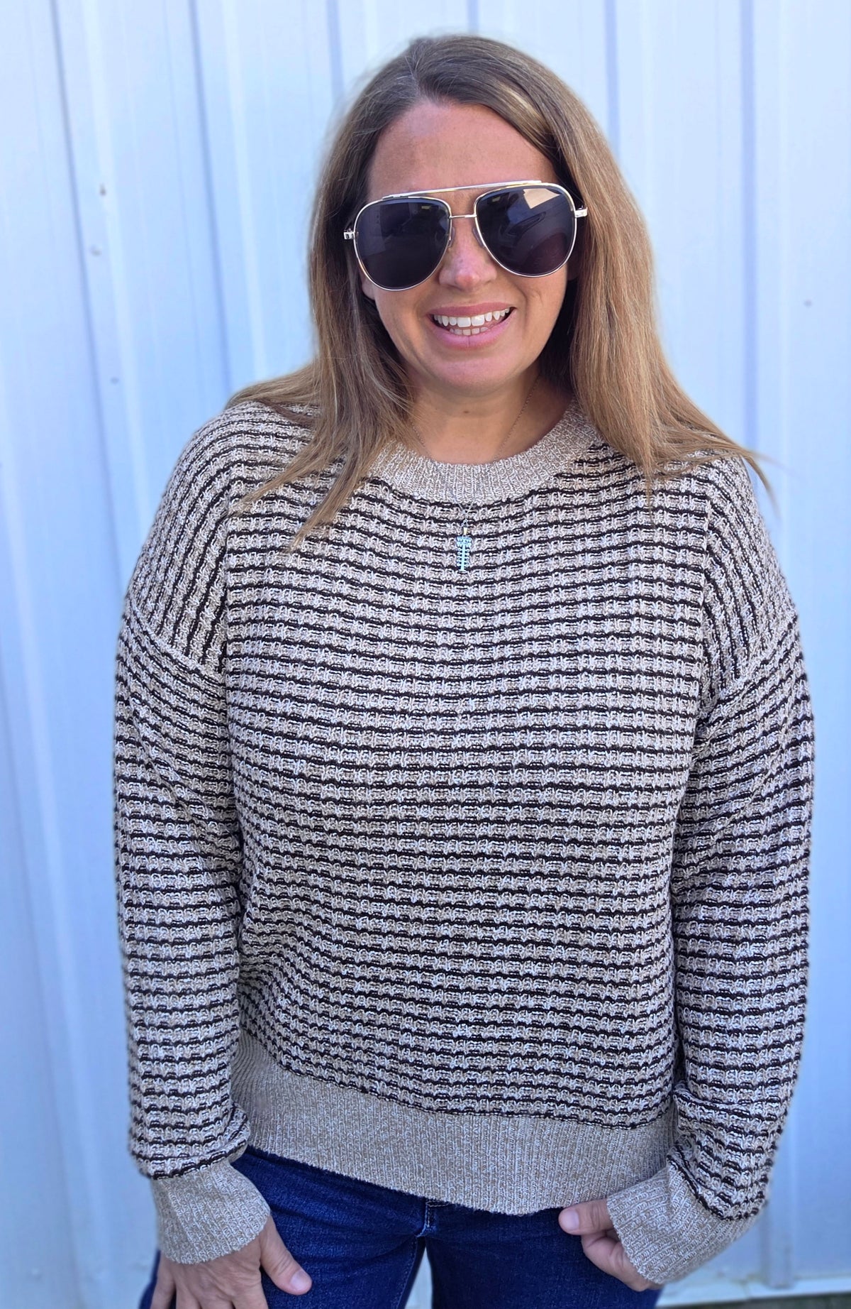 Taupe/Brown Texture Striped Crew Neck Long Sleeve Pullover Sweater