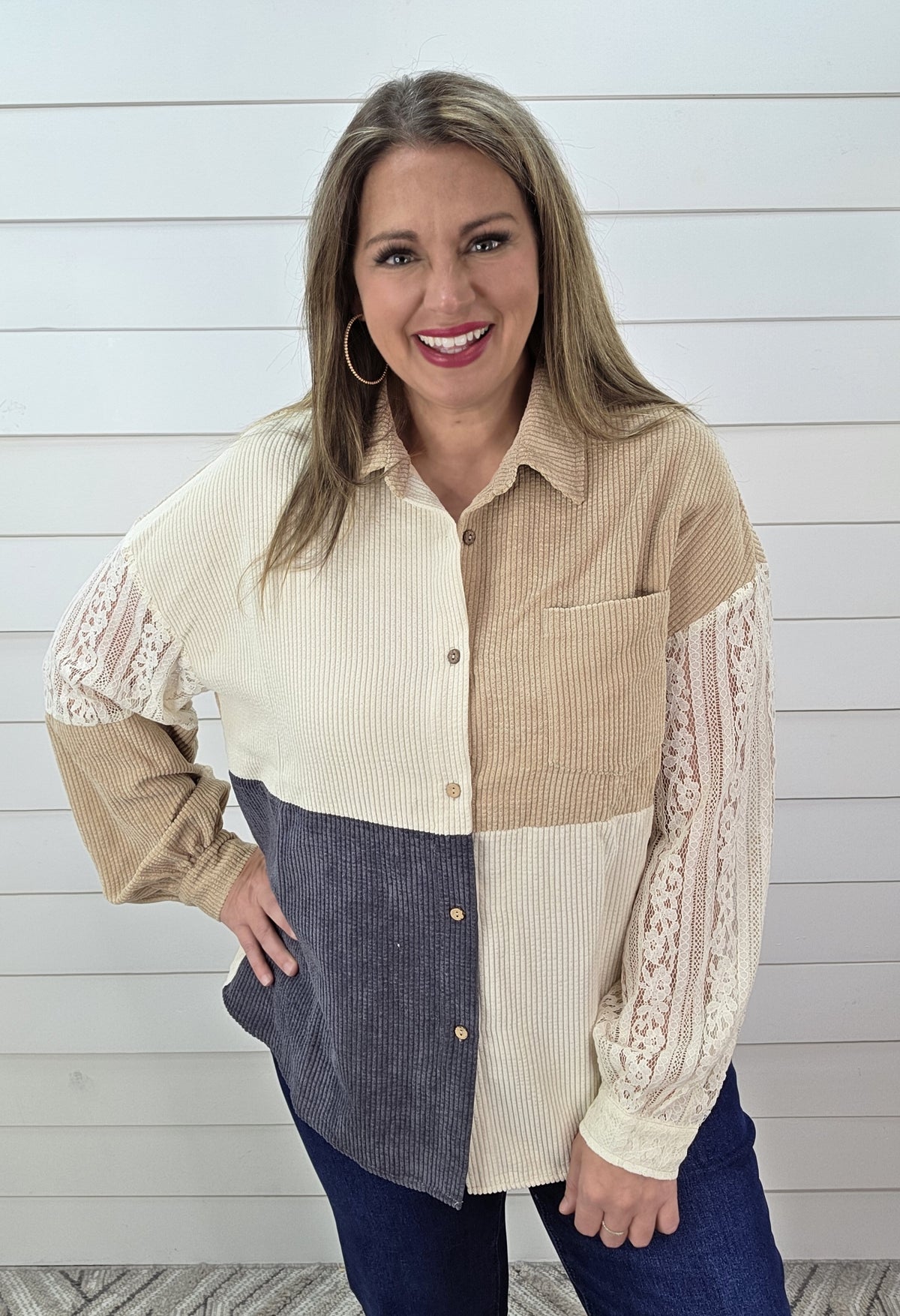 TAUPE/BEIGE/CHARCOAL CORDED/LACE BUTTON UP TOP
