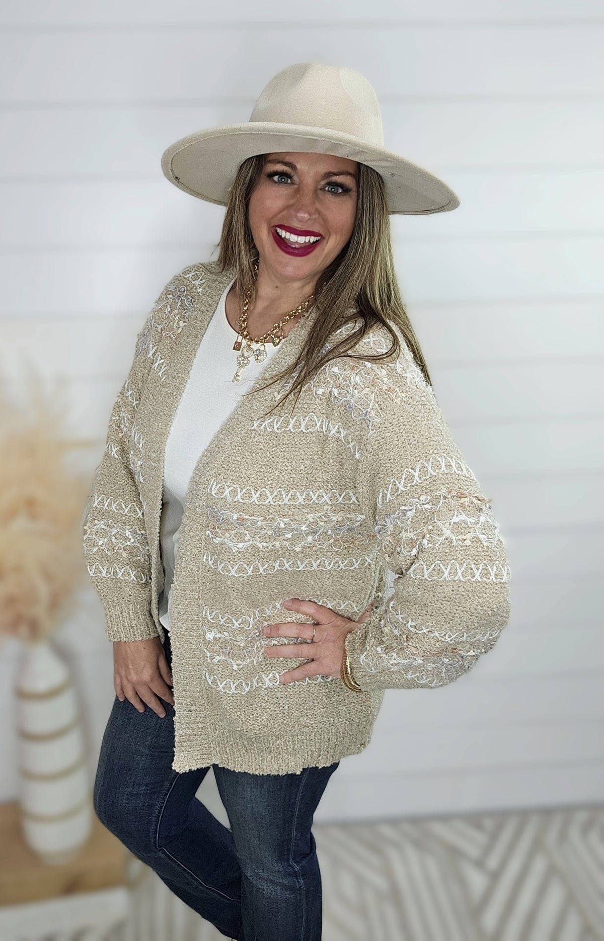 MOCHA STITCH/POPCORN CONTRAST OPEN FRONT CARDIGAN