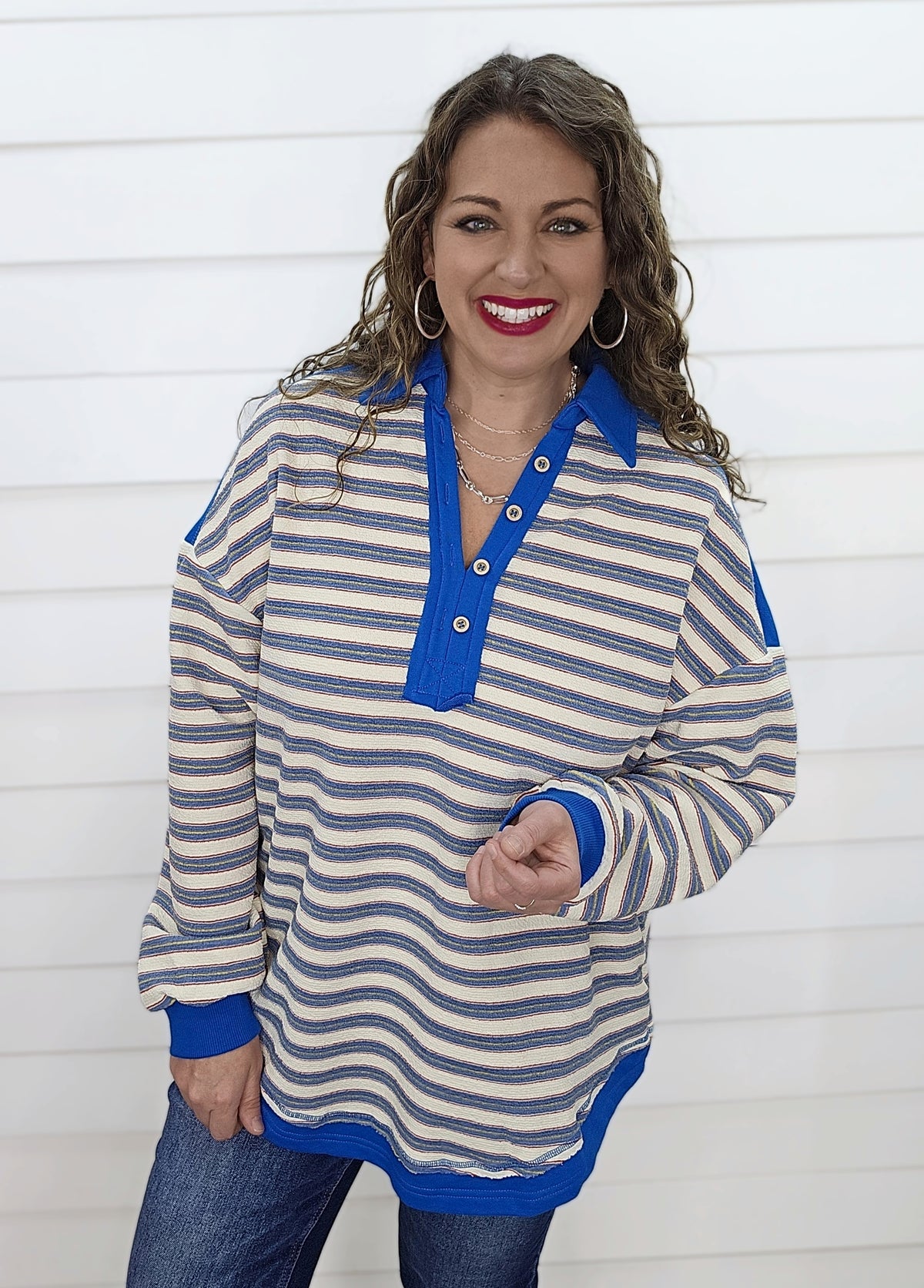 BLUE STRIPED V NECK COLLARED TOP