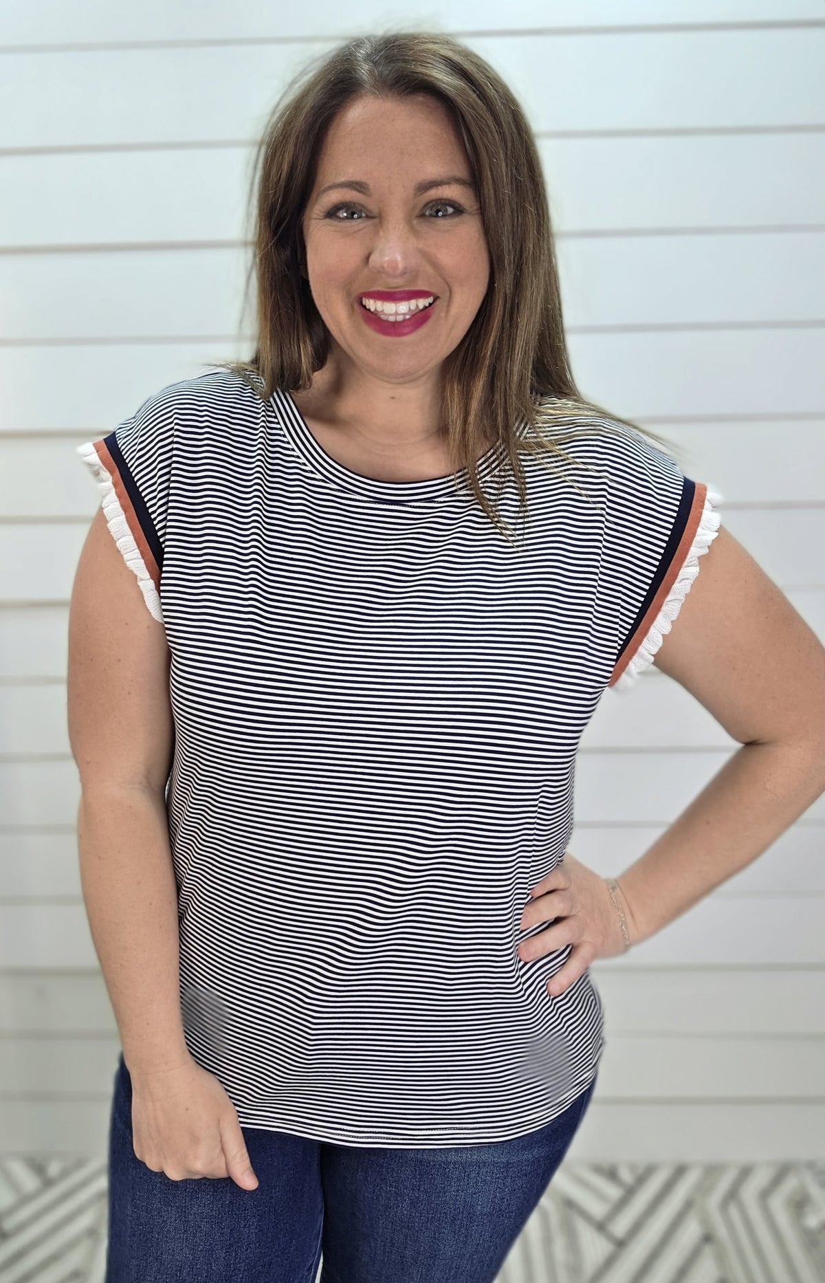 NAVY PINSTRIPED KNIT TOP W/  COLORBLOCK SLEEVES