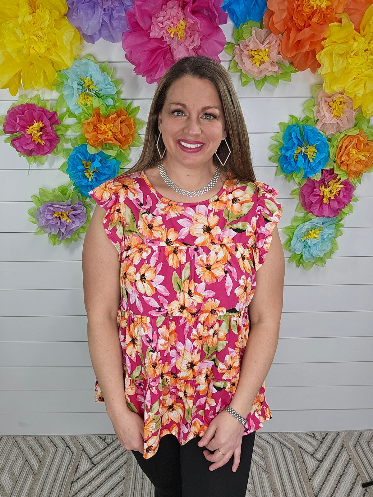 FUSCHIA MULTI FLORAL TIERED TOP