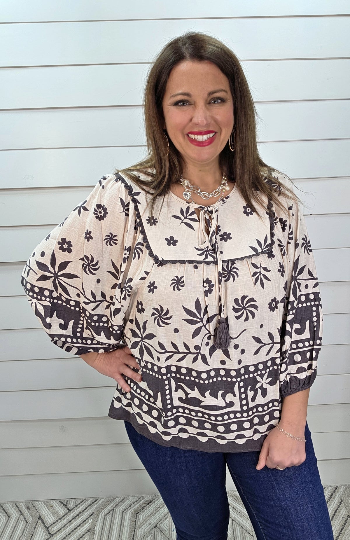 ASH MOCHA PRINTED 3/4 SLEEVE WOVEN TOP