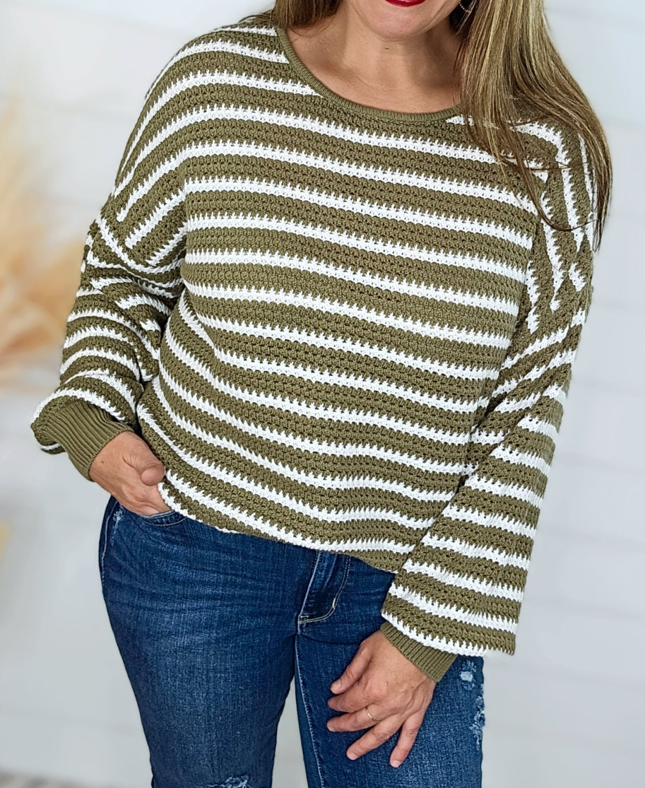 OLIVE STRIPED COTTON SWEATER