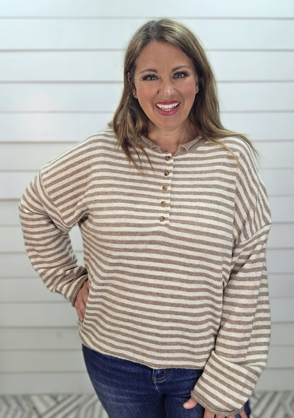 MOCHA Button Henley Stripe Long Sleeve Drop Shoulder Sweater