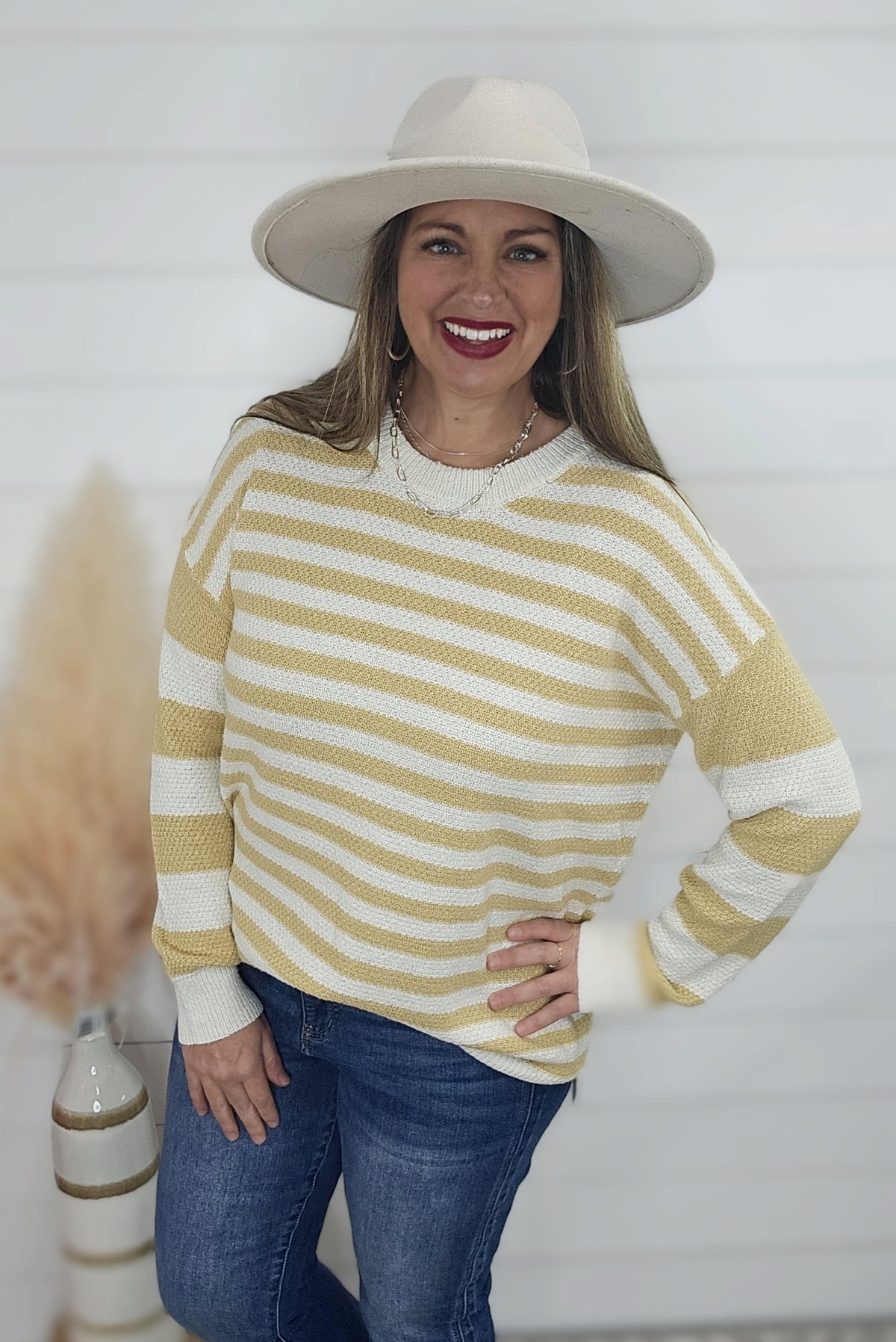 MUSTARD TEXTURED MULTI STRIPED CREW NECK SWEATER