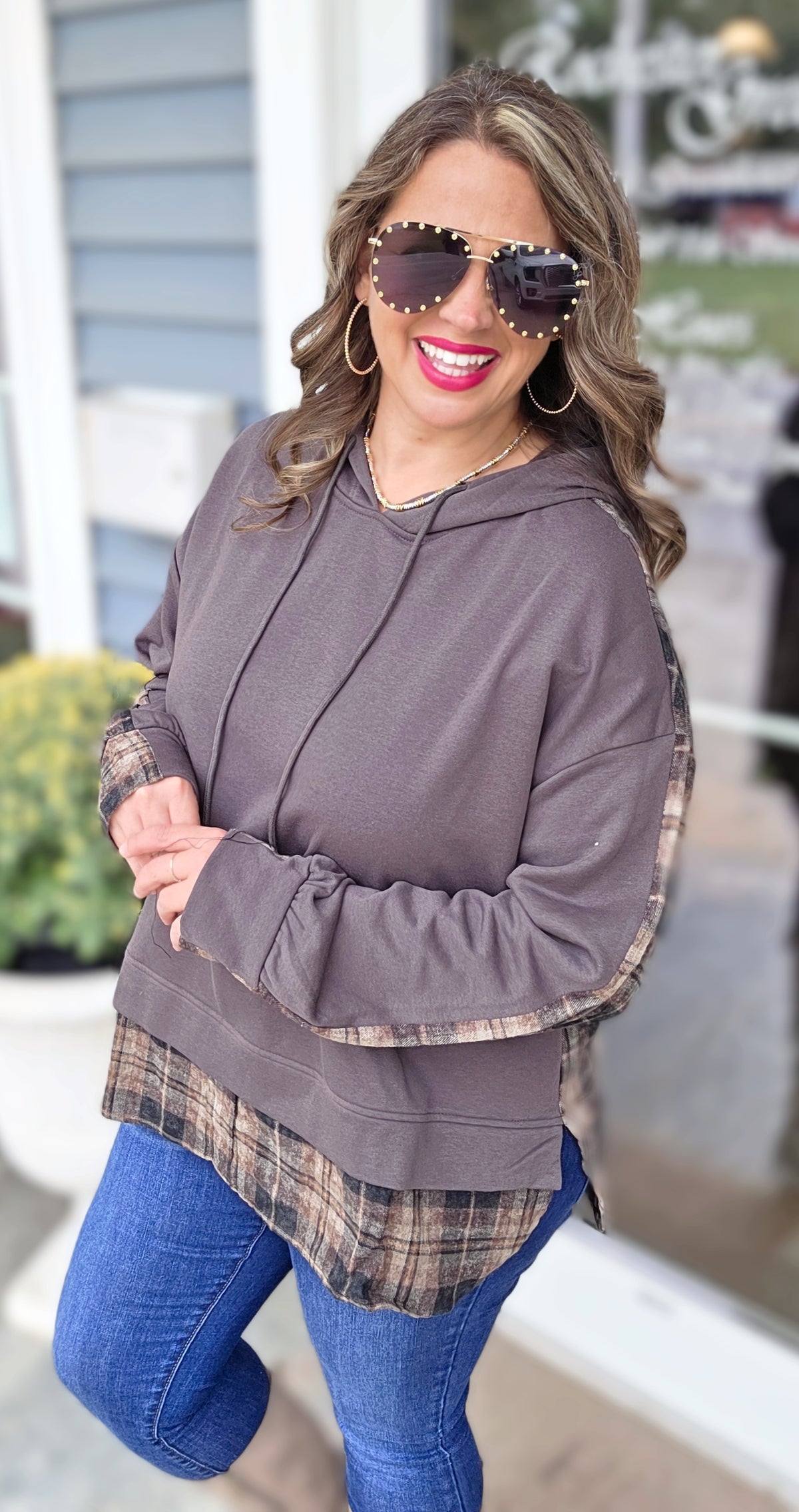 CHARCOAL/BROWN PLAID CONTRAST FRENCH TERRY HOODIE