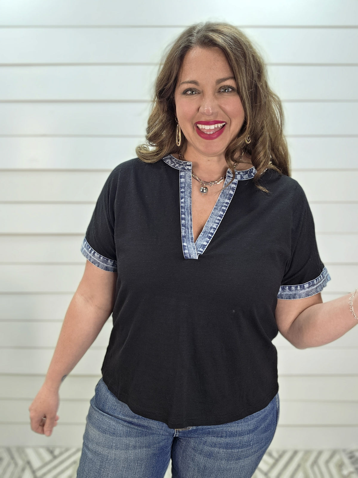 BLACK/DENIM CONTRAST KNIT TOP