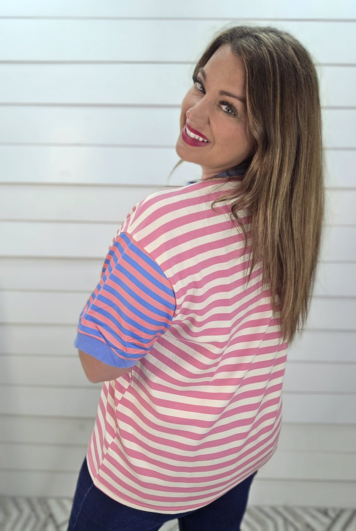 PINK STRIPED KNIT TOP W/ CONTRAST KNIT SLEEVES