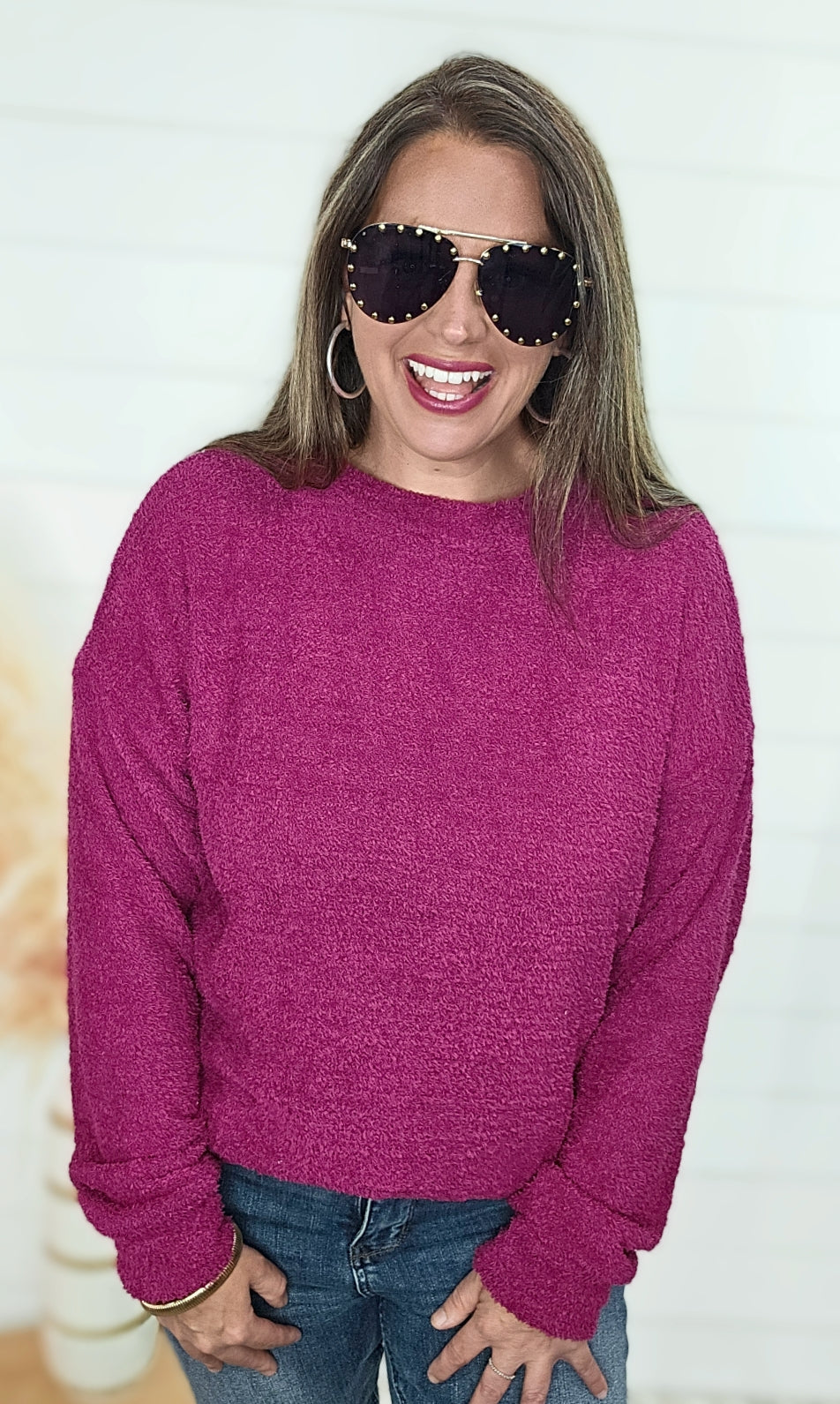 MAGENTA PLUSH PULLOVER KNIT TOP