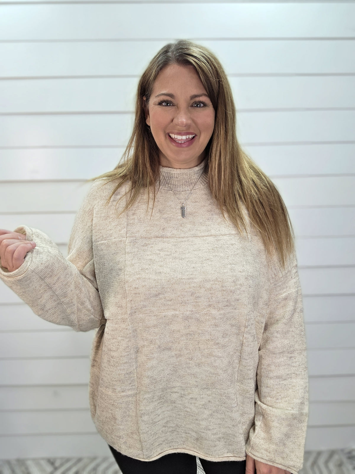 OATMEAL CHECKERED TEXTURED OVERSIZED KNIT SWEATER