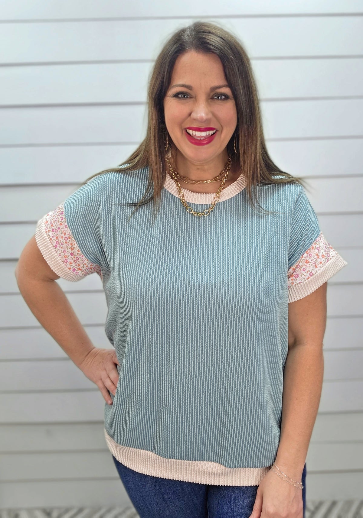 BLUE RAISED RIBBED KNIT TOP W/ FLORAL TRIM