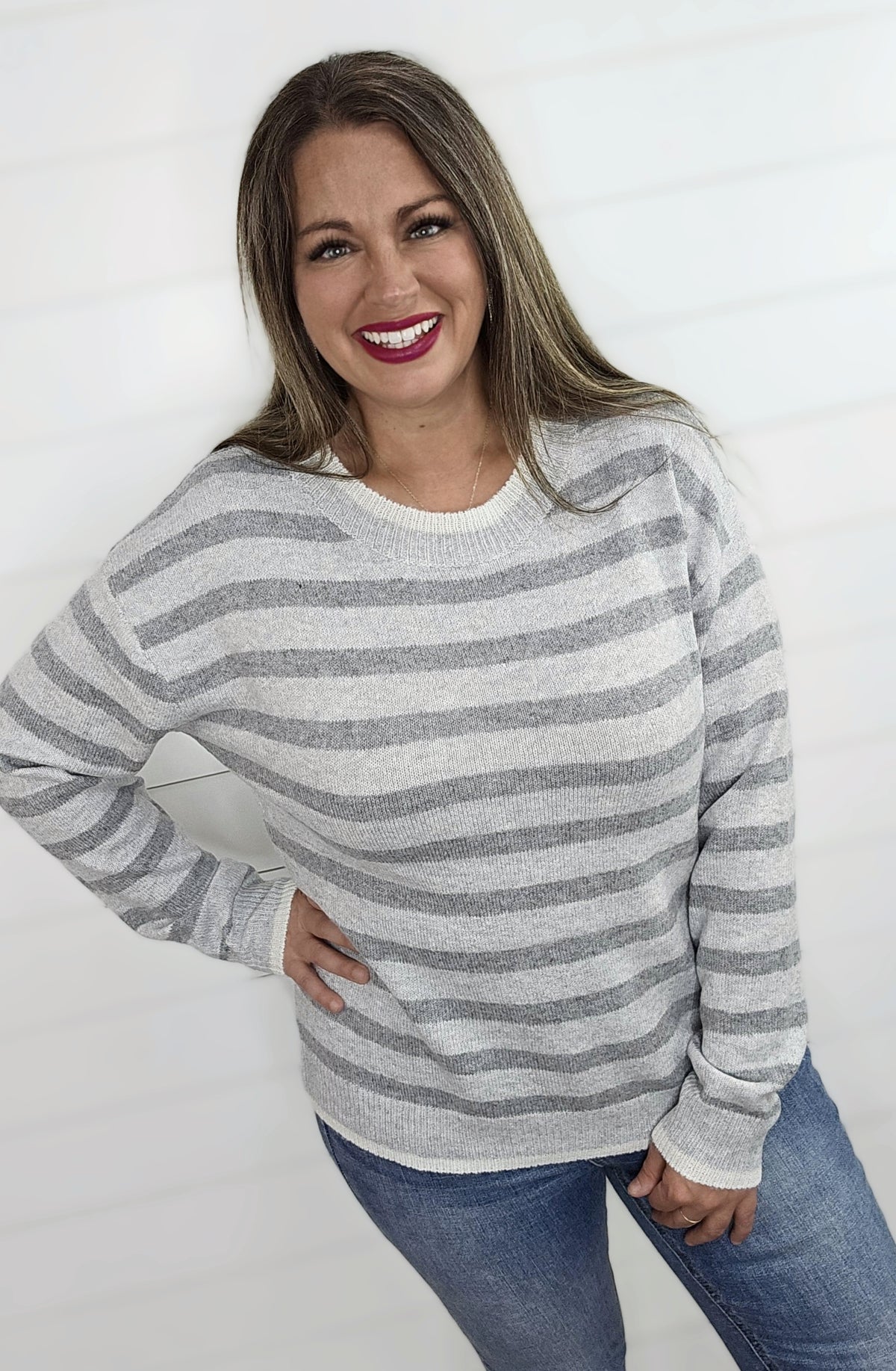 H GREY STRIPED ULTRA SOFT CREW NECK SWEATER