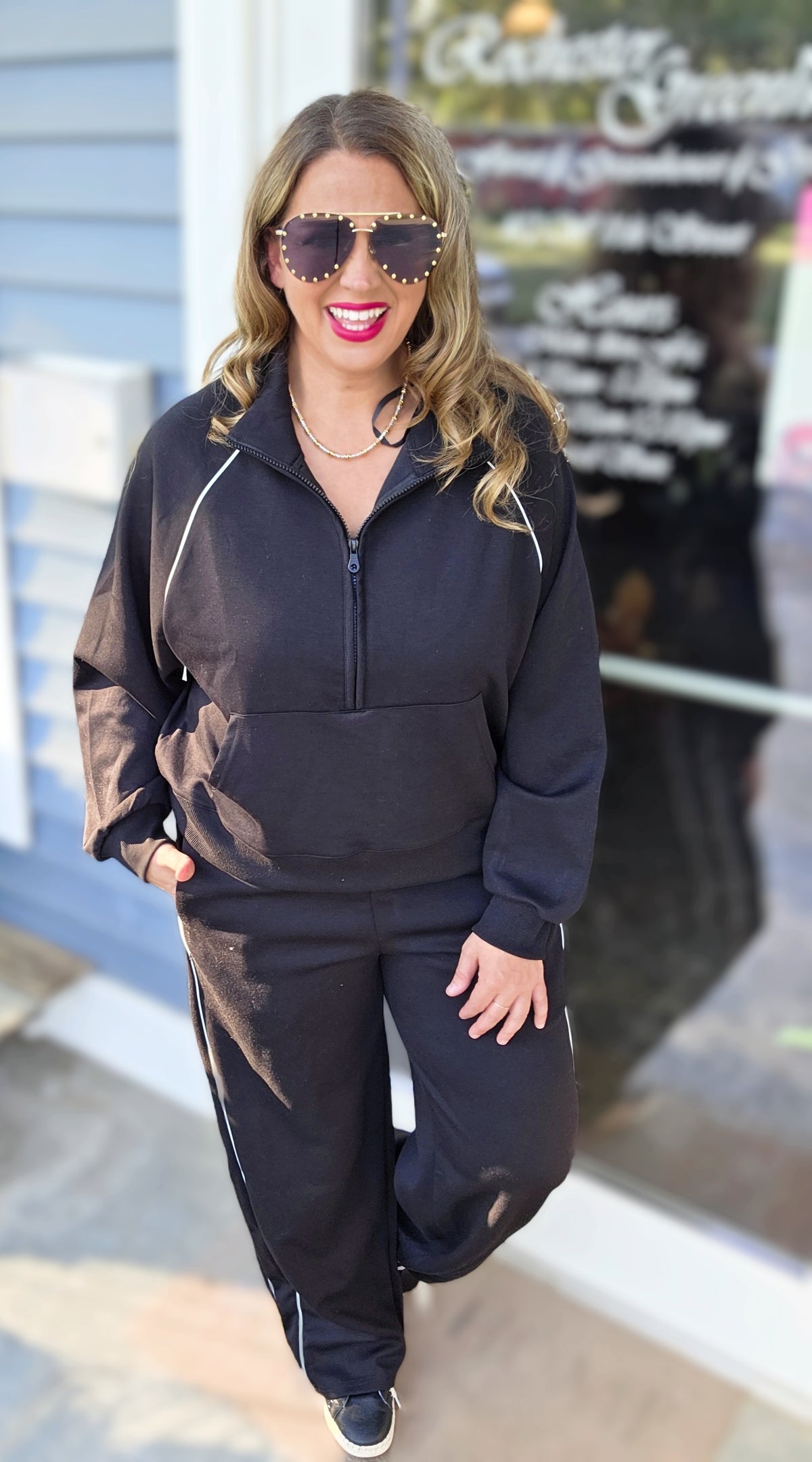 BLACK PINSTRIPE HALF ZIP PULLOVER