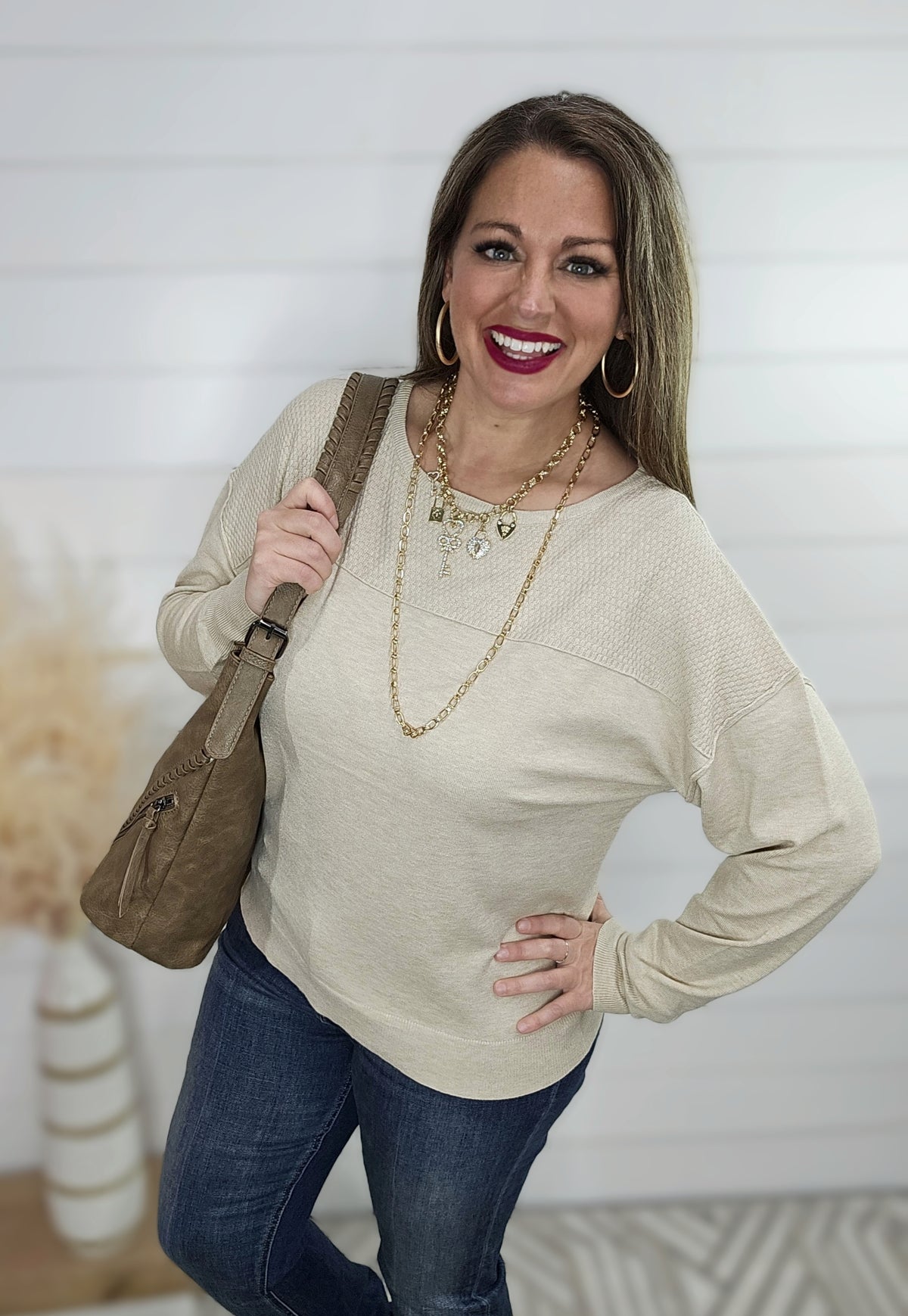 TAUPE TEXTURED DROP SHOULDER CREW NECK SWEATER