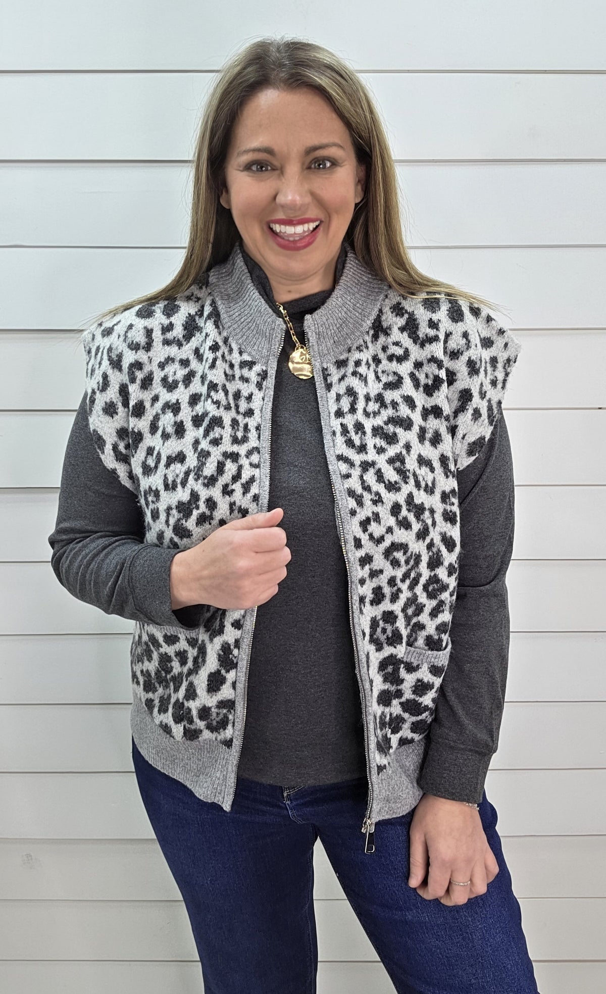GREY/BLACK LEOPARD ZIP UP SWEATER VEST
