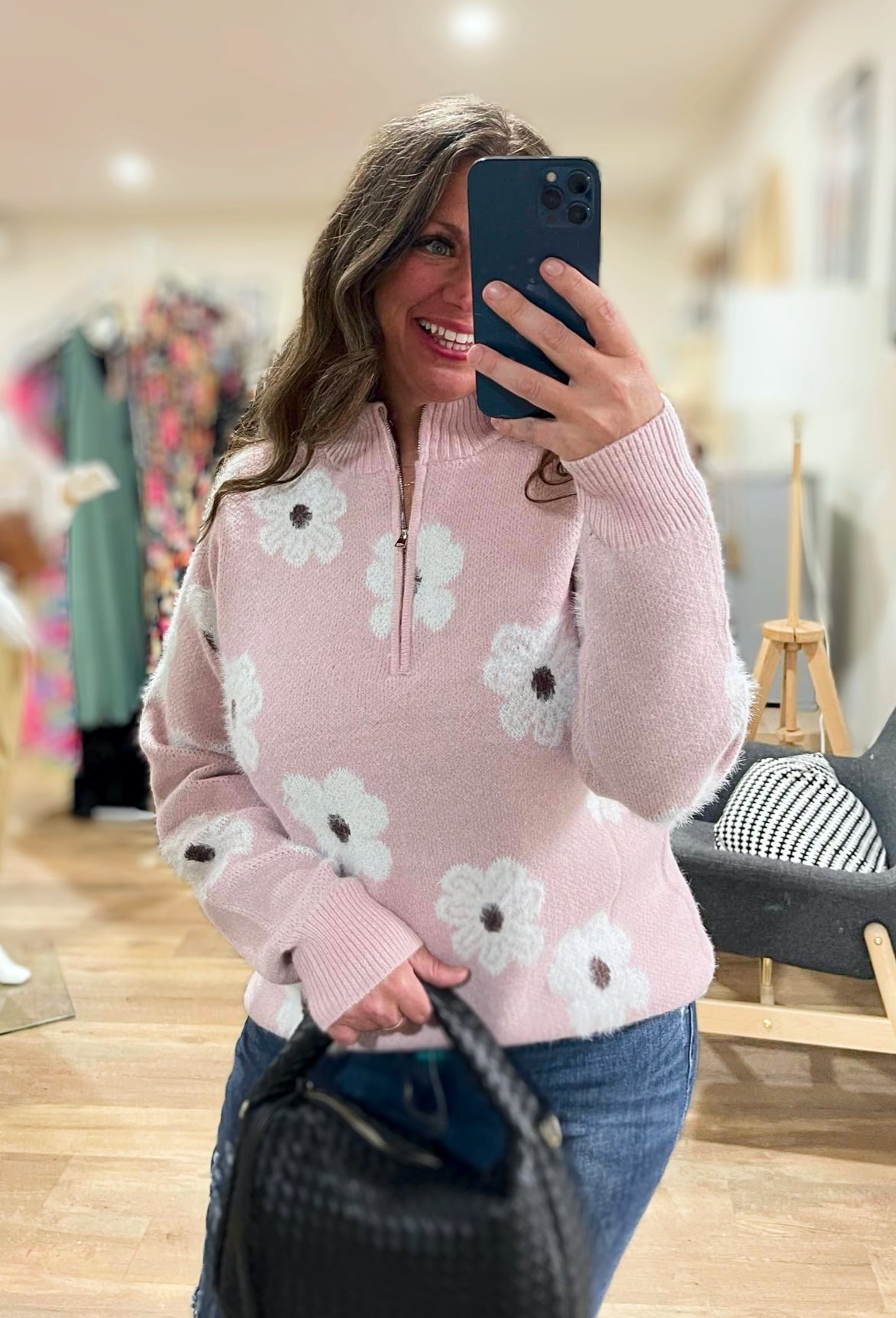 PINK FLORAL PLUSH 3/4 ZIP PULLOVER SWEATER