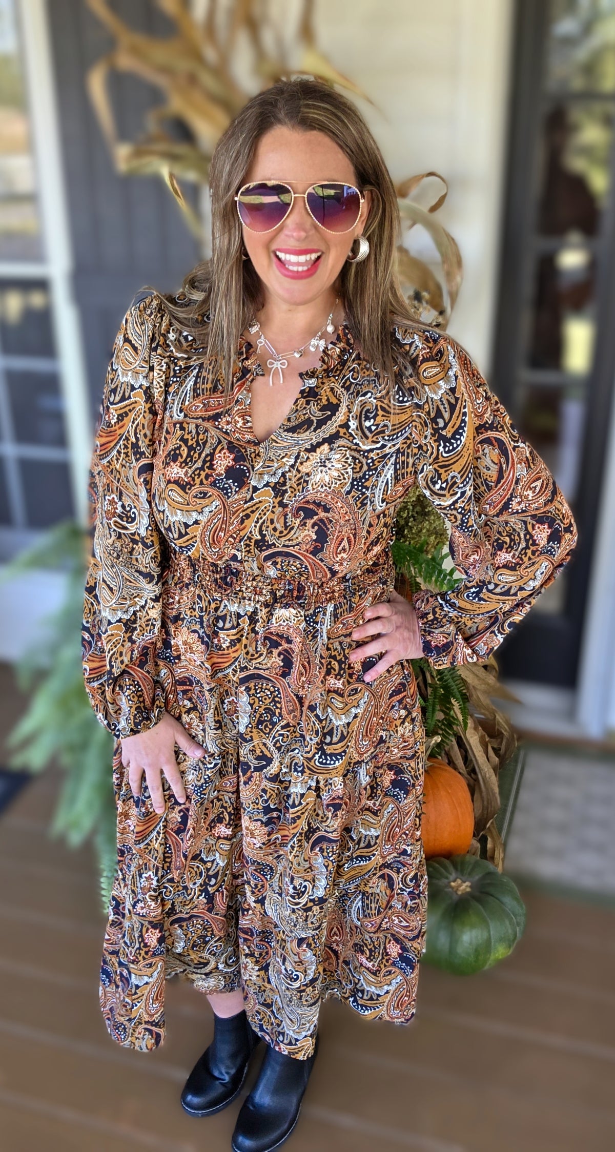 BLACK/RUST PAISLEY ELASTIC WAIST LONG DRESS