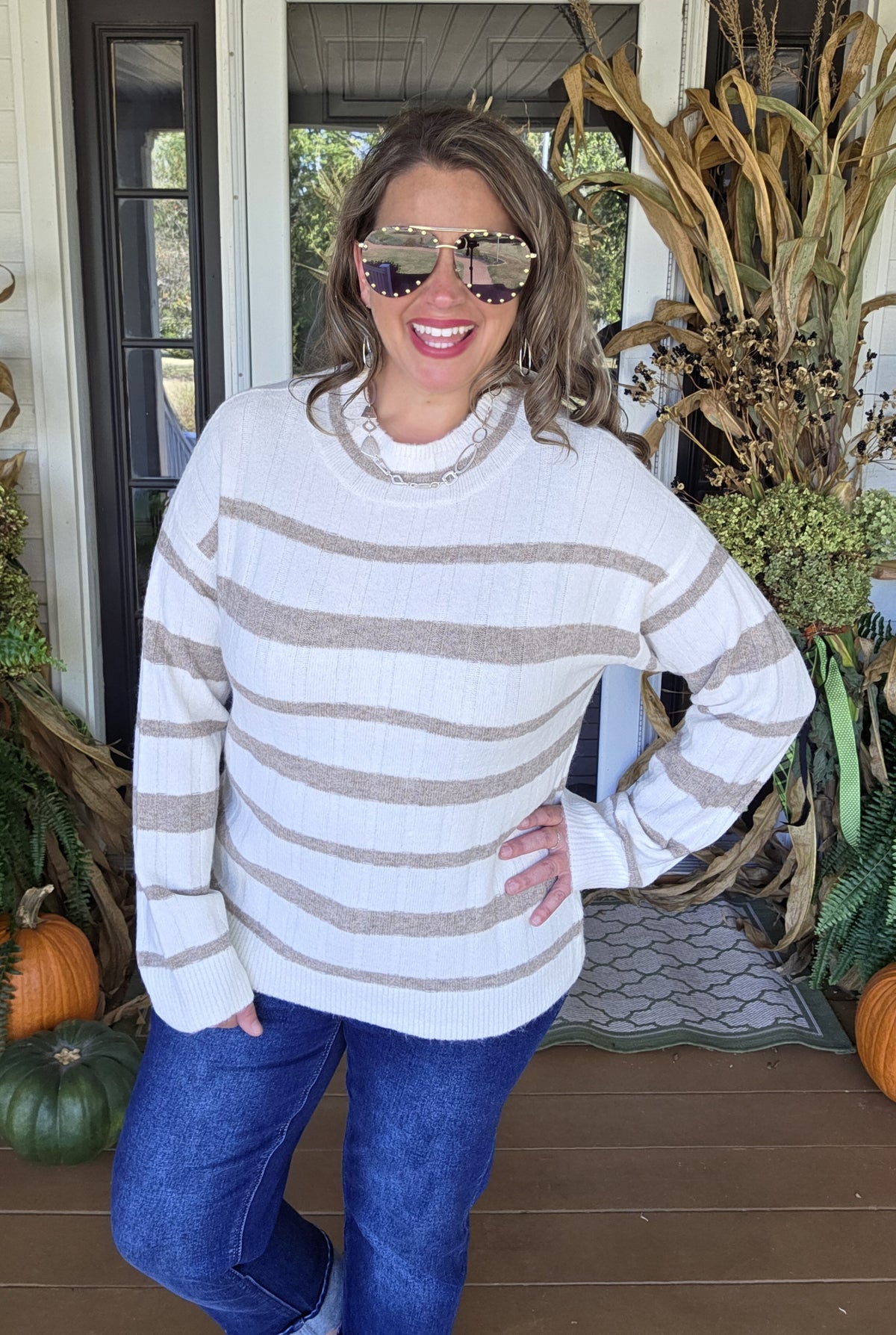CREAM/TAUPE STRIPED MOCK NECK PULLOVER SWEATER
