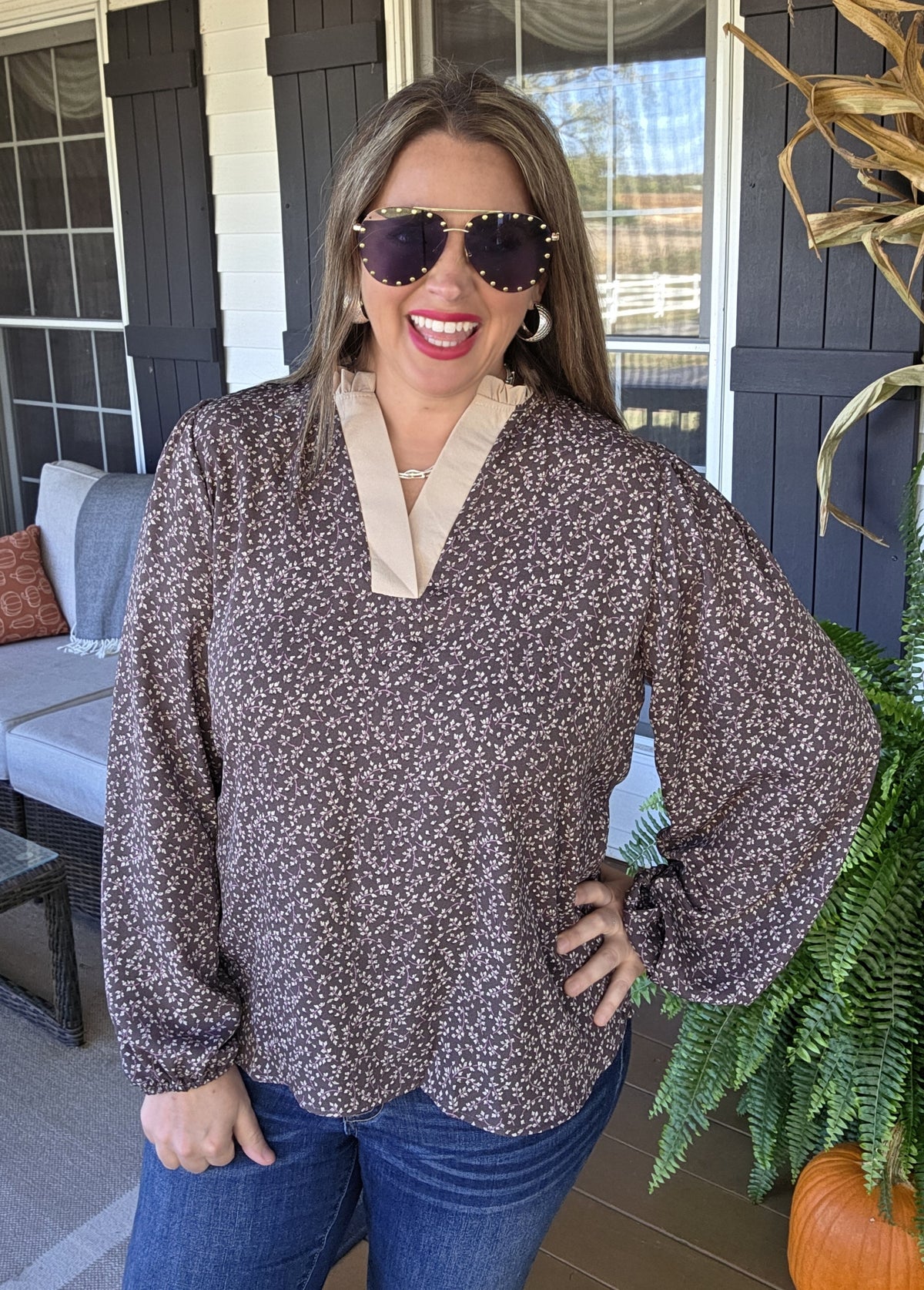 CHARCOAL FLORAL PRINT WOVEN TOP