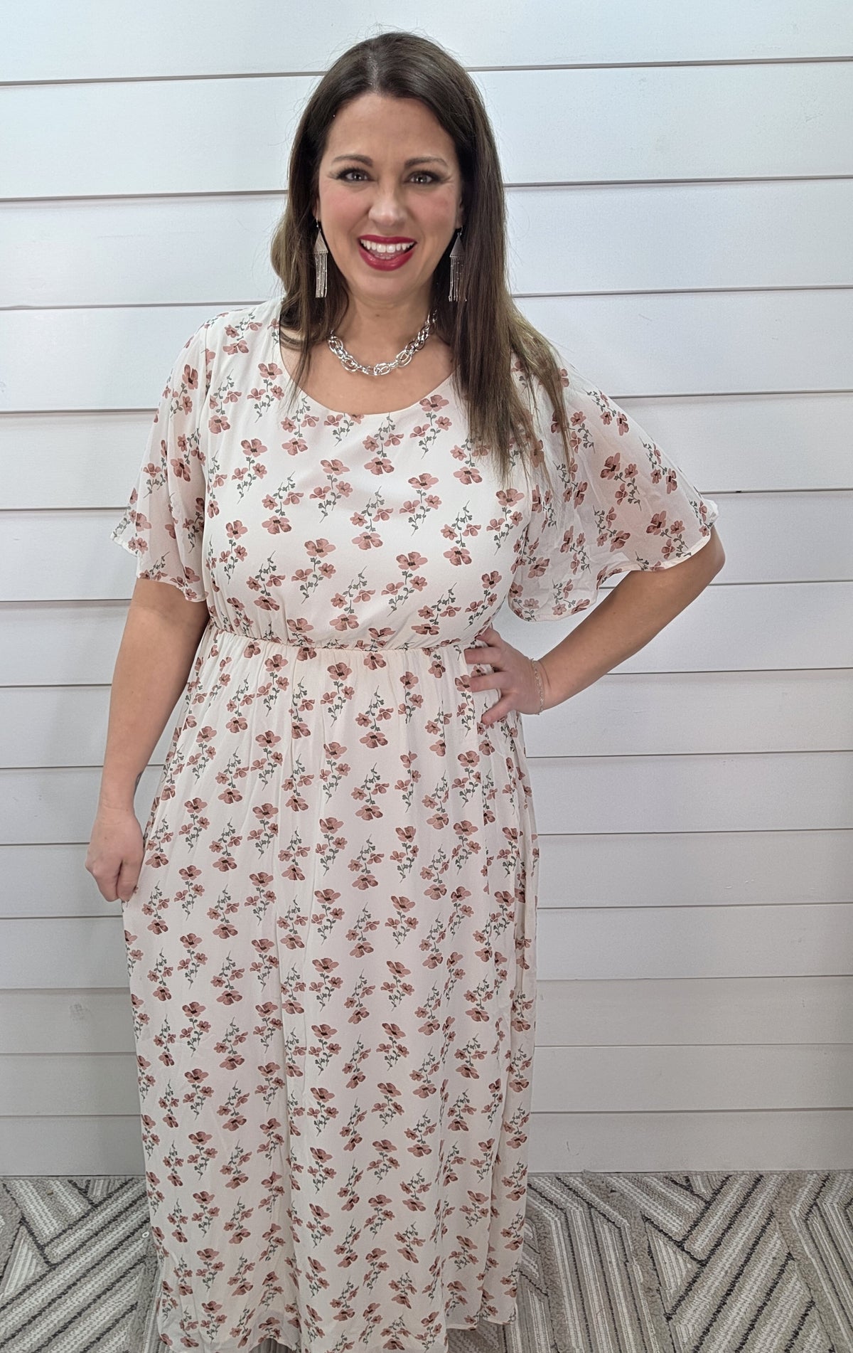 IVORY/ROSE FLORAL ELASTIC WAIST DRESS